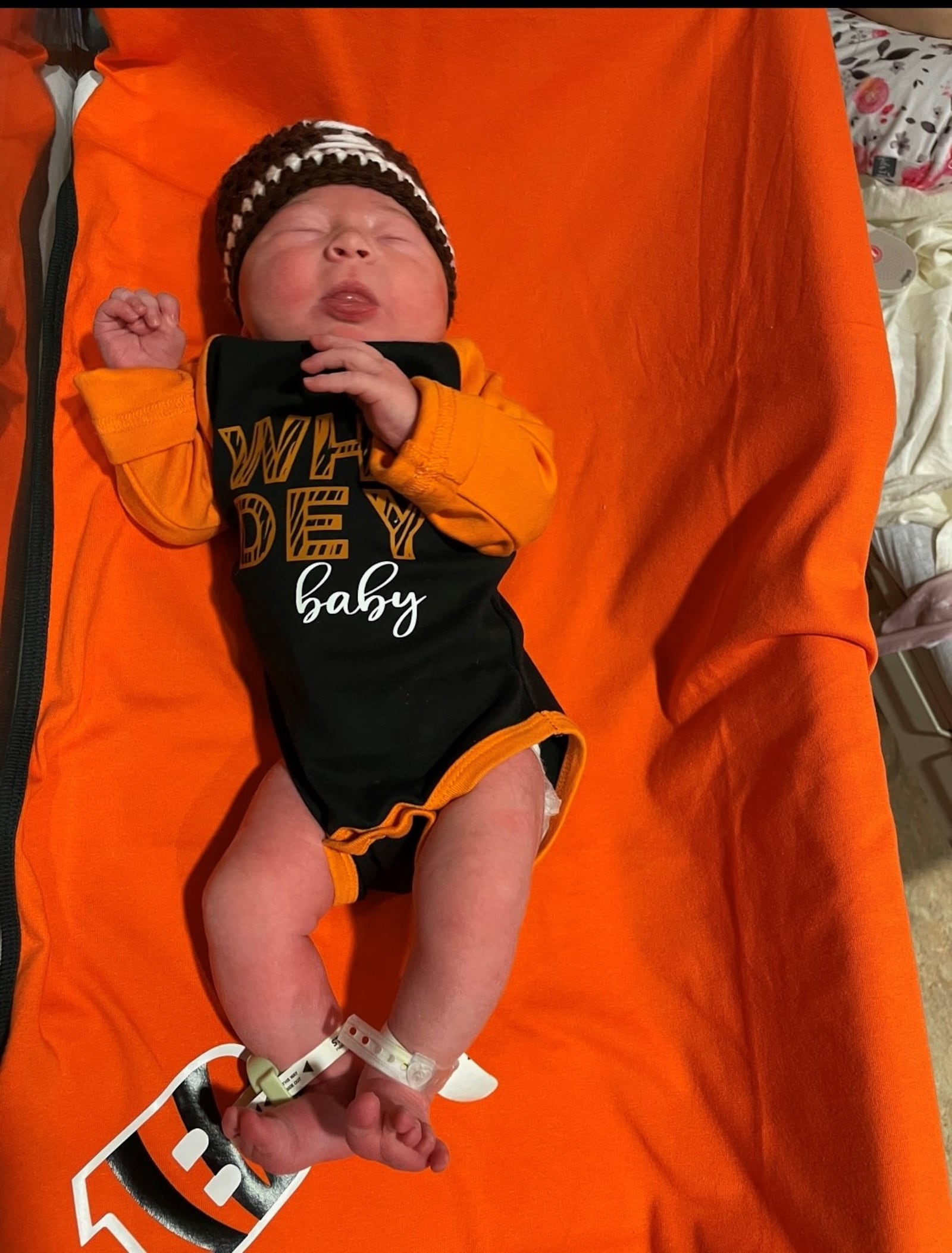 A laborer and delivery nurse at Miami Valley Hospital South (MVHS) made personalized baby clothes in honor of the Cincinnati Bengals for newborns. Credit: Miami Valley Hospital South (MVHS)