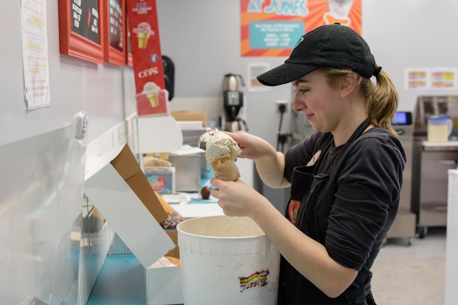 Jubie’s Creamery in Fairborn served decadent frozen treats for National Ice Cream for Breakfast Day on Saturday, Feb. 1. Visitors were able to order donut sundaes, hot chocolate and coffee floats and Cinnamon Toast Crunch ice cream all on Jubie's special menu. TOM GILLIAM / CONTRIBUTING PHOTOGRAPHER