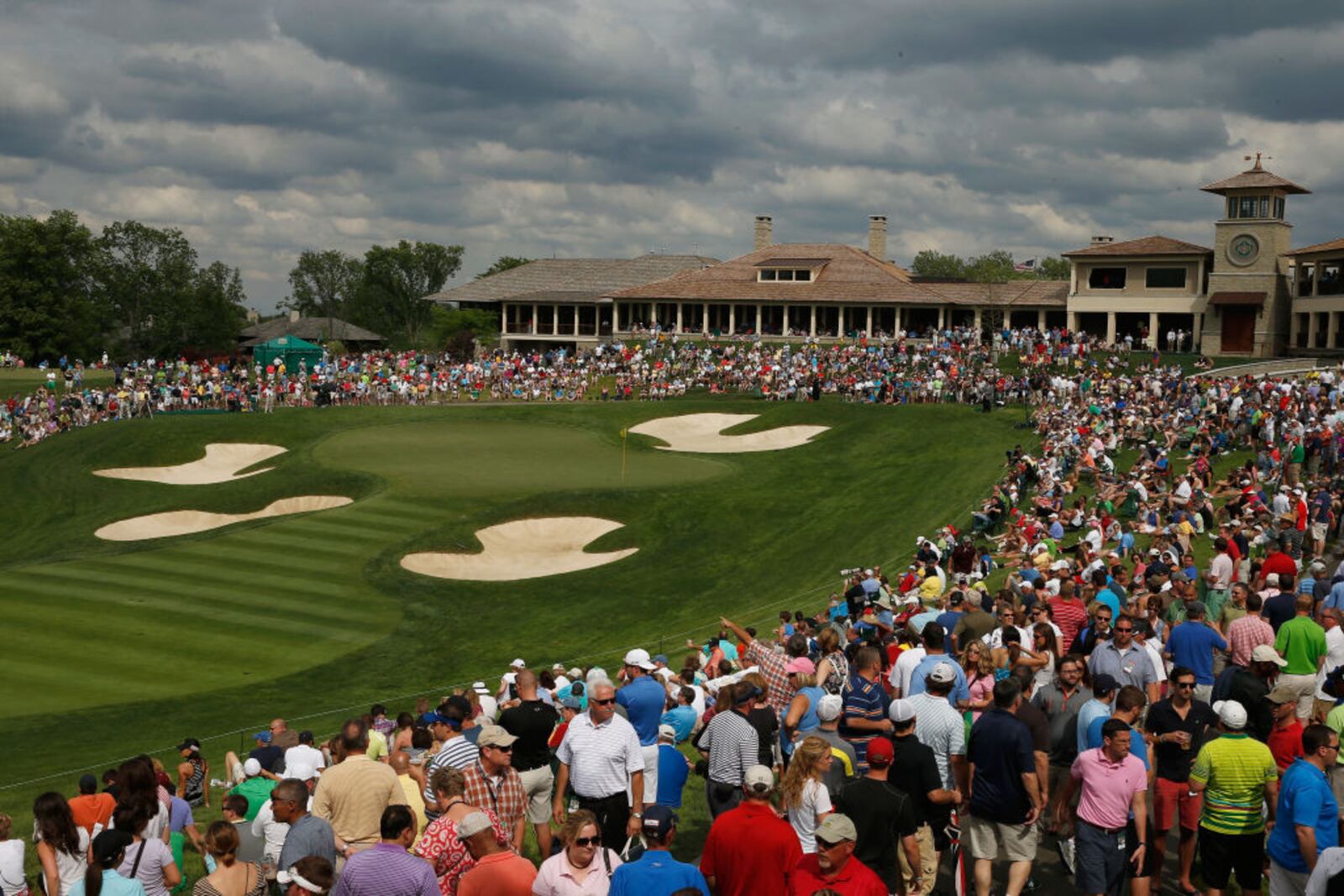 DUBLIN, OH - JUNE 01:  A general view of the 18th hole and clubhouse during the third round of the Memorial Tournament presented by Nationwide Insurance at Muirfield Village Golf Club on June 1, 2013 in Dublin, Ohio.  (Photo by Scott Halleran/Getty Images)