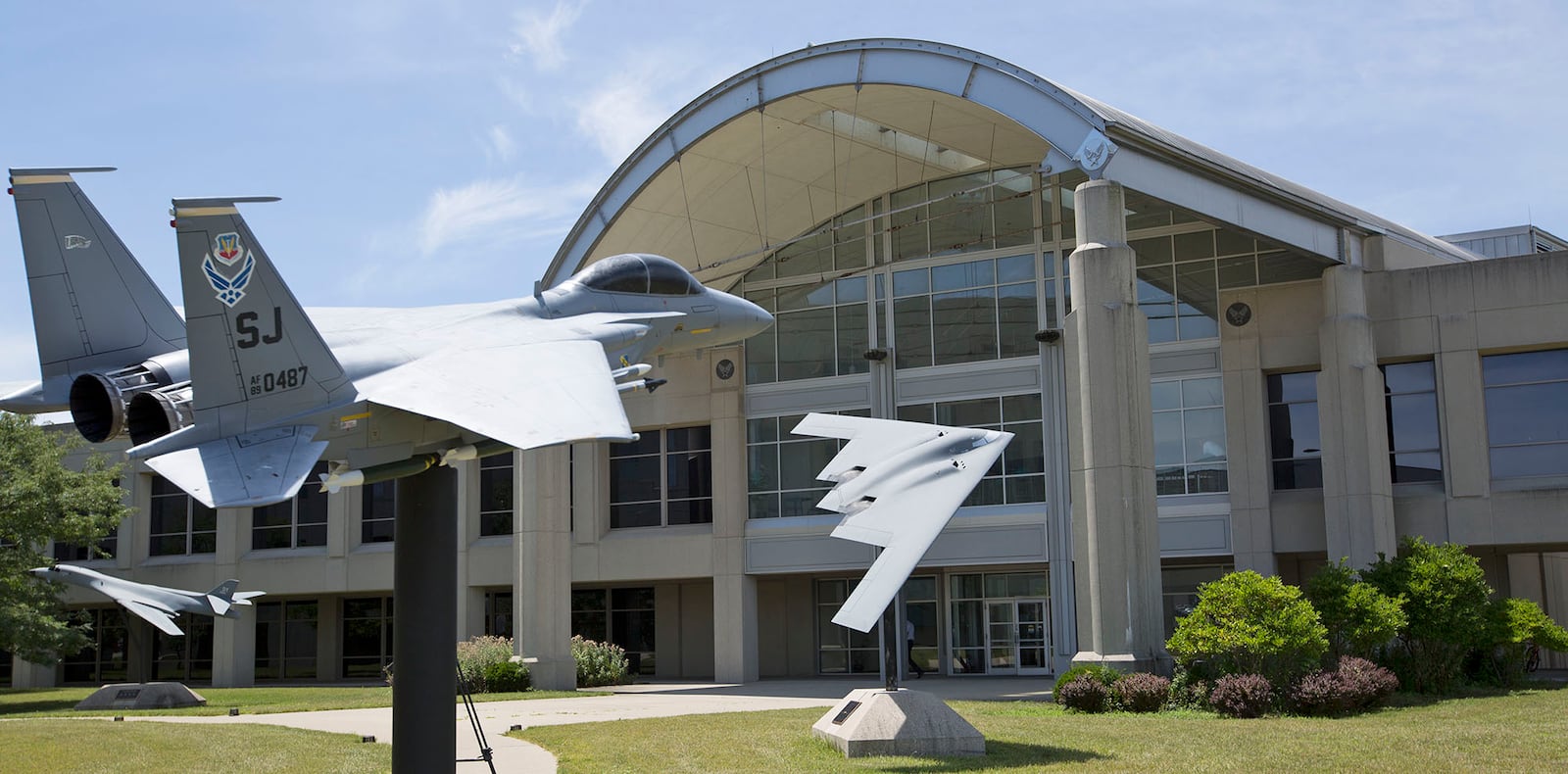 Models of Air Force aircraft, like this B-1B Lancer, F-15 Eagle and B-2 Spirit adorn the courtyards of management offices on Area B for the Fighters and Bombers Directorate, Air Force Life Cycle Management Center, Air Force Materiel Command, Wright-Patterson Air Force Base.  TY GREENLEES / STAFF