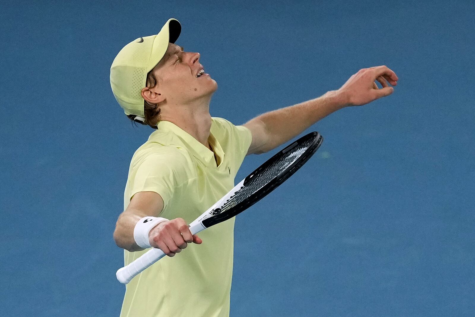 Jannik Sinner of Italy celebrates after defeating Alexander Zverev of Germany in the men's singles final at the Australian Open tennis championship in Melbourne, Australia, Sunday, Jan. 26, 2025.(AP Photo/Mark Baker)