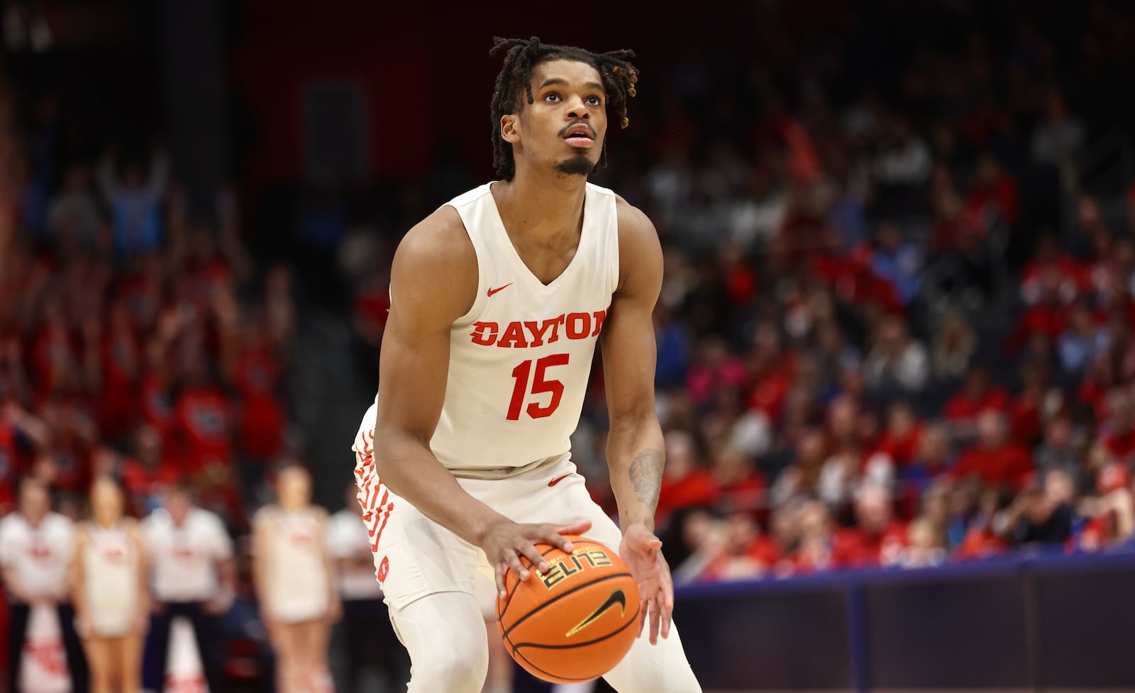 Dayton's DaRon Holmes II shoots a free throw against George Mason on Saturday, Feb. 25, 2023, at UD Arena. David Jablonski/Staff