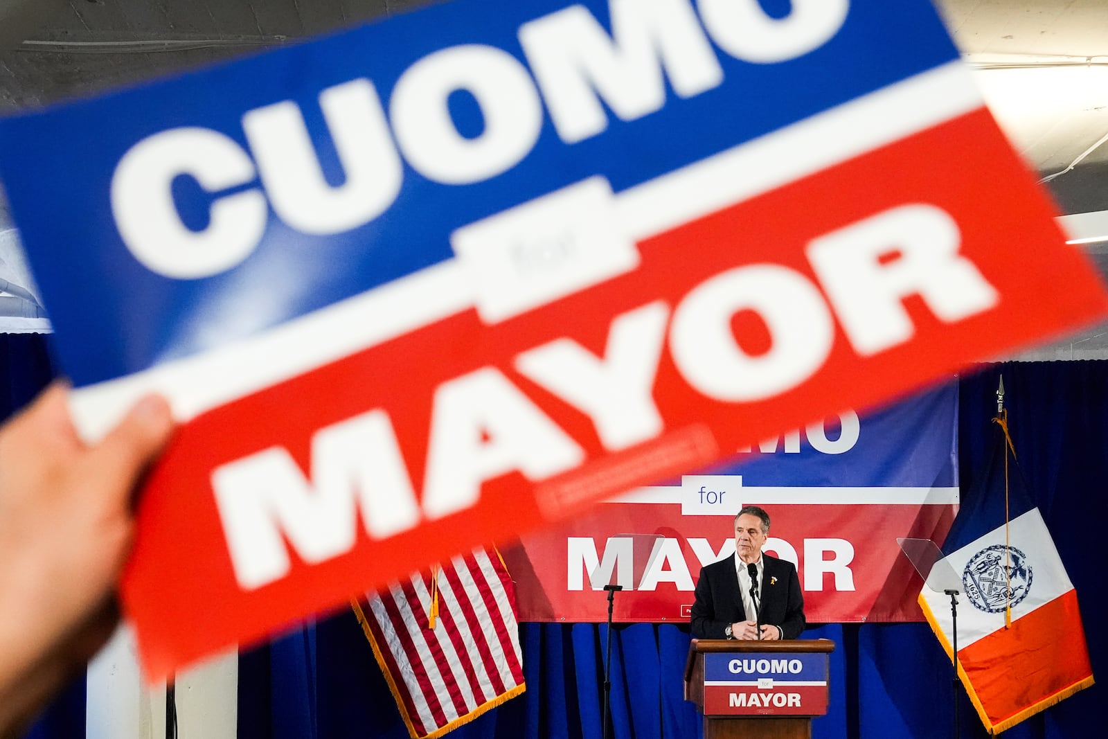 Former New York Gov. Andrew Cuomo speaks at the New York City District Council of Carpenters while campaigning for mayor of New York City, Sunday, March 2, 2025. (AP Photo/Julia Demaree Nikhinson)