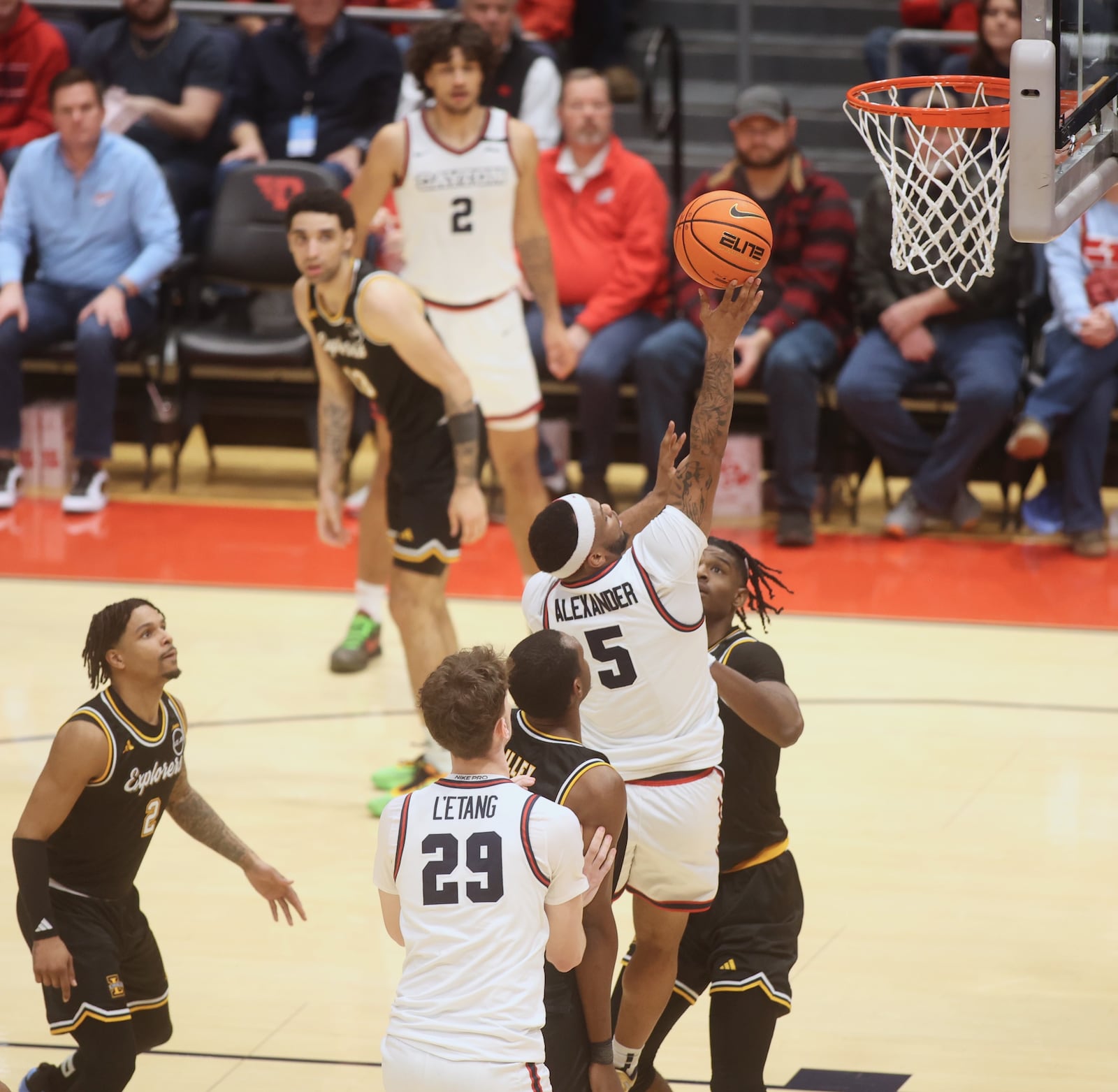 Dayton's Posh Alexander shoots against La Salle in the second half on Tuesday, Dec. 31, 2024, at UD Arena. David Jablonski/Staff