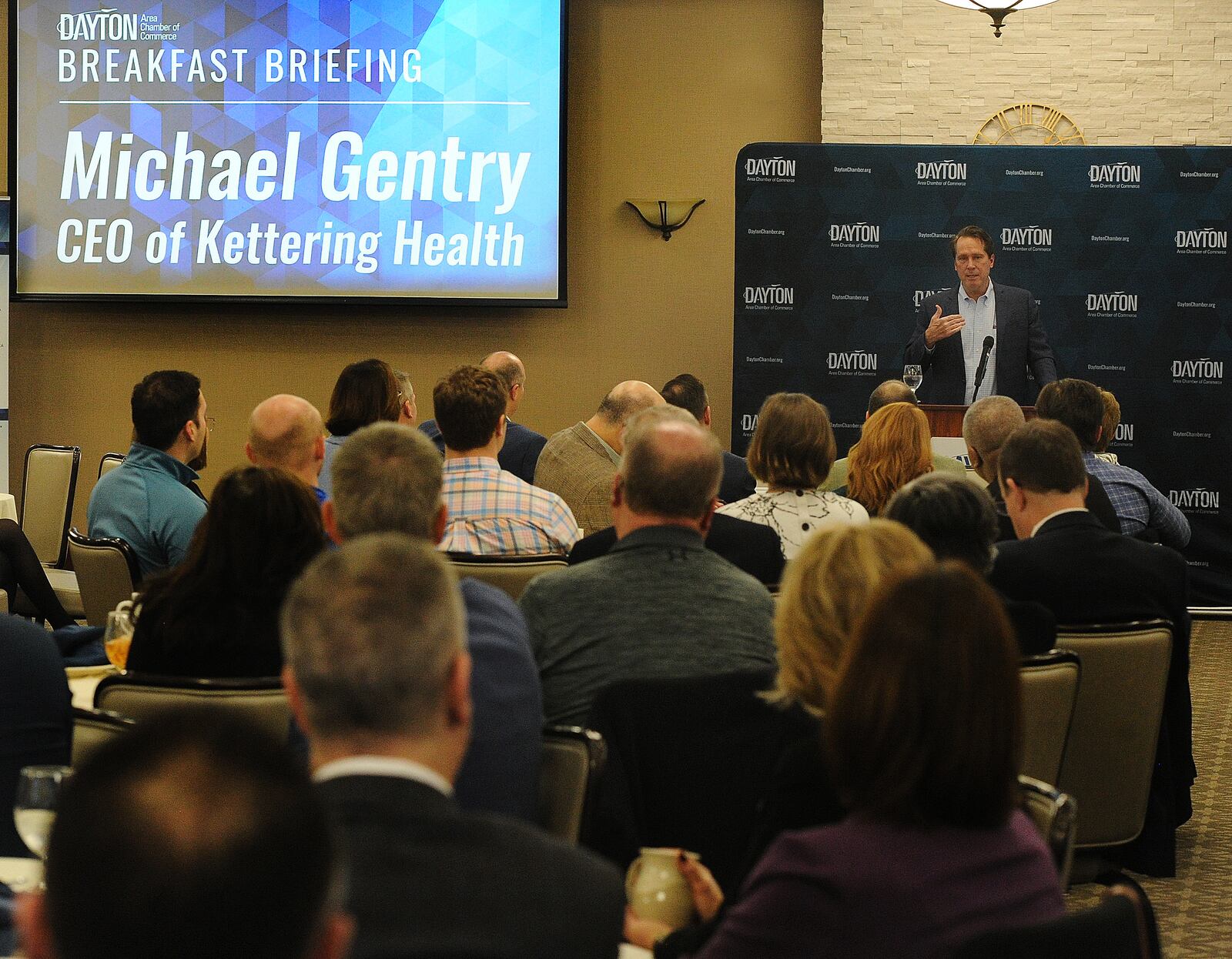 Kettering Health's new CEO Michael Gentry, was the guest speaker at the Dayton Area Chamber of Commerce breakfast event, Friday, Jan. 12, 2024. The event was held at the NCR County Club in Kettering. MARSHALL GORBY\STAFF