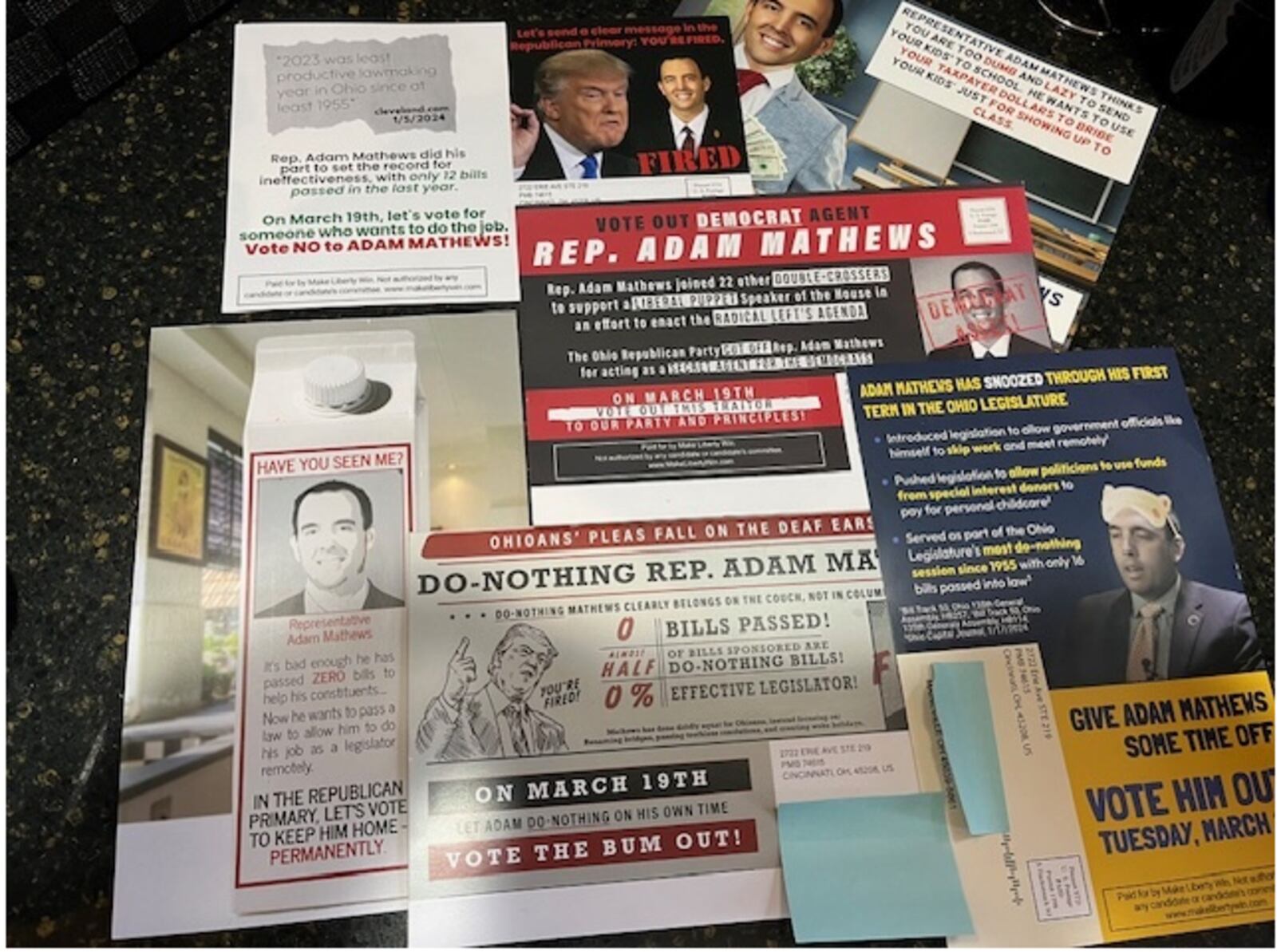 This are some of the mailers that have been mailed to voters in Ohio House District 56 in Warren County over the past several weeks. The mailers contain false and misleading information were sent by Make Liberty Win, a political interest group based in Virginia, from a co-op office in Cincinnati. ED RICHTER/STAFF