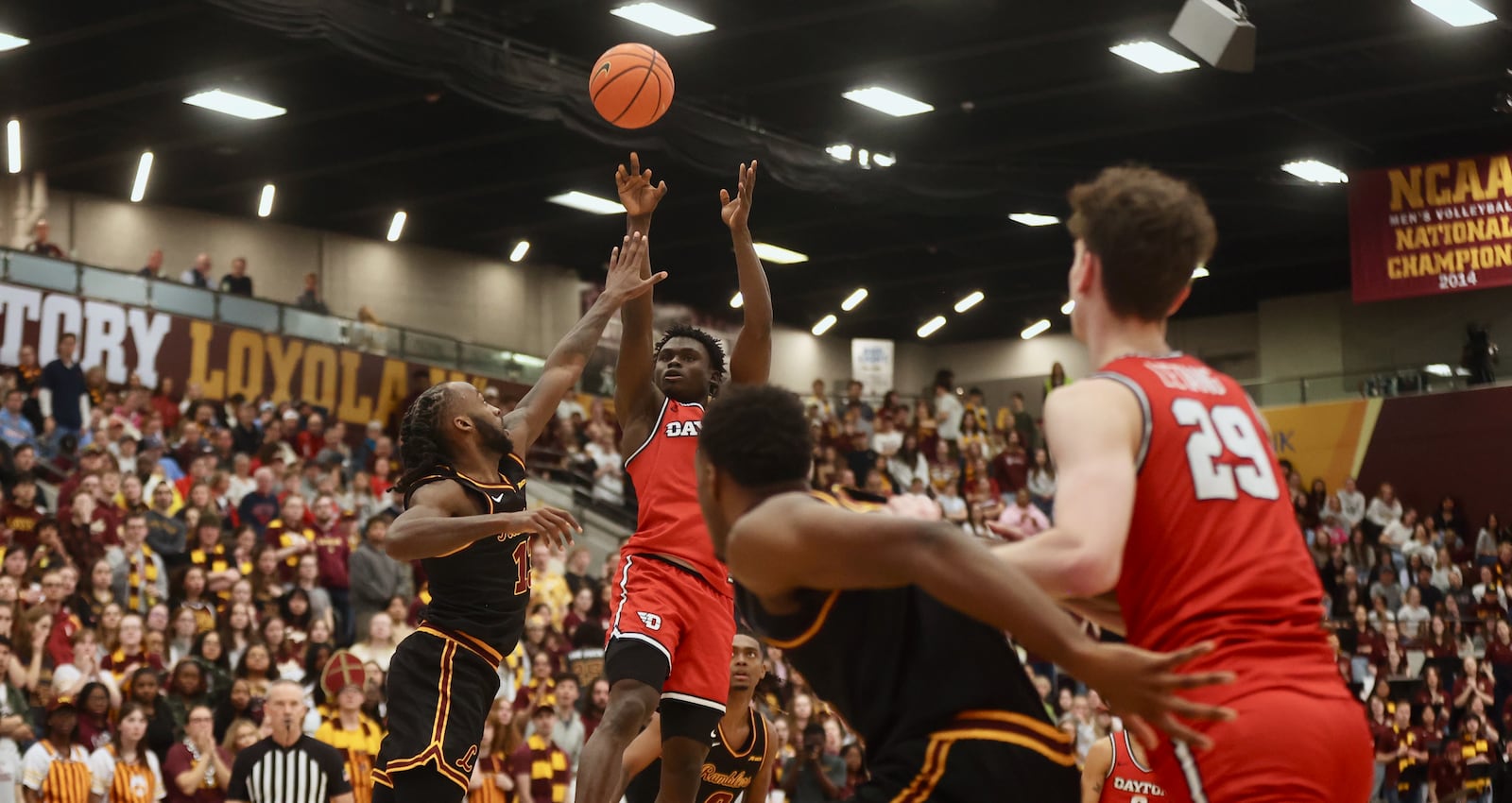 Dayton's Enoch Cheeks shoots against Loyola Chicago on Friday, Feb. 21, 2025, at Gentile Arena in Chicago. David Jablonski/Staff