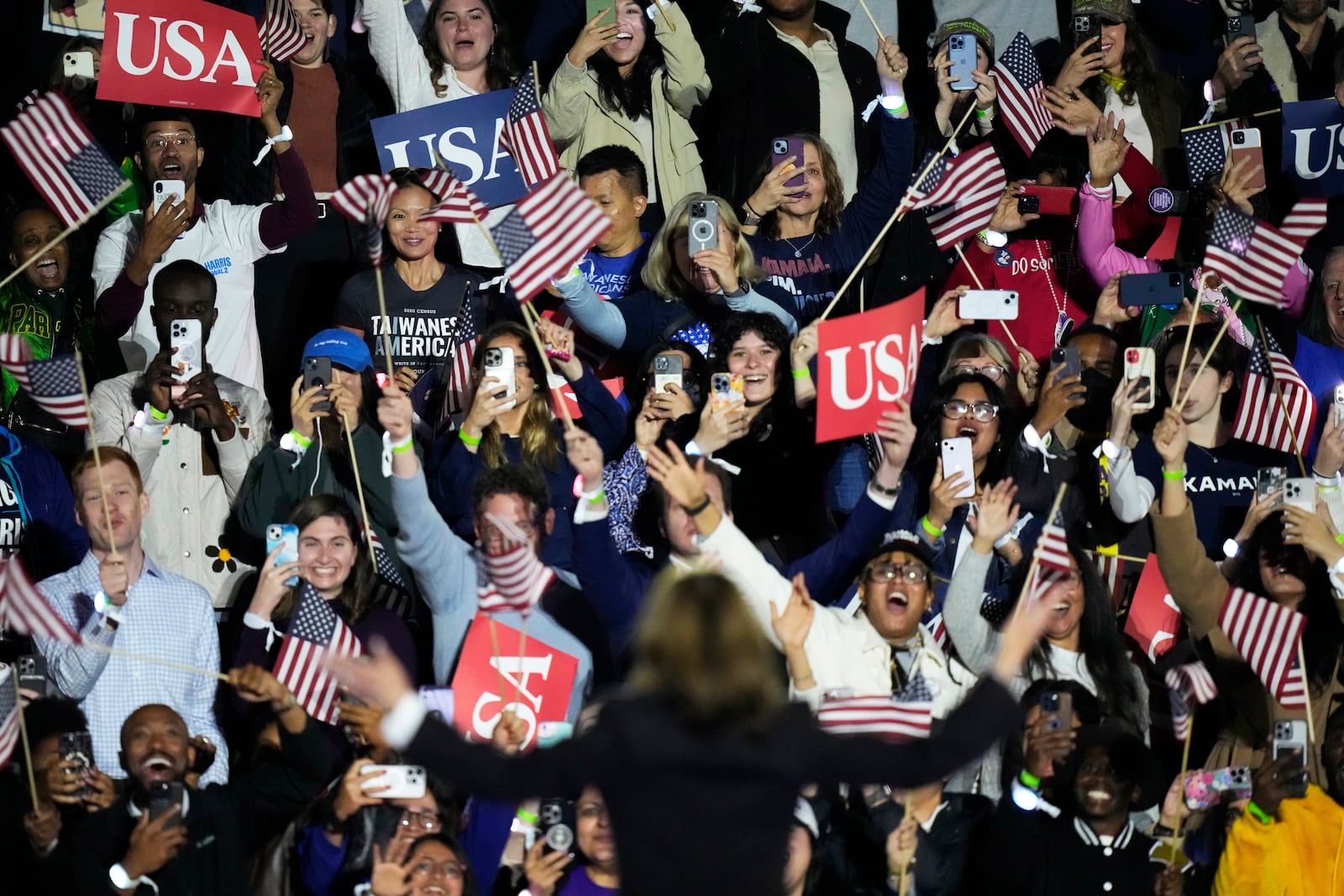 The crowd cheers as Democratic presidential nominee Vice President Kamala Harris arrives to deliver remarks during a campaign event at the Ellipse near the White House in Washington, Tuesday, Oct. 29, 2024. (AP Photo/Stephanie Scarbrough)