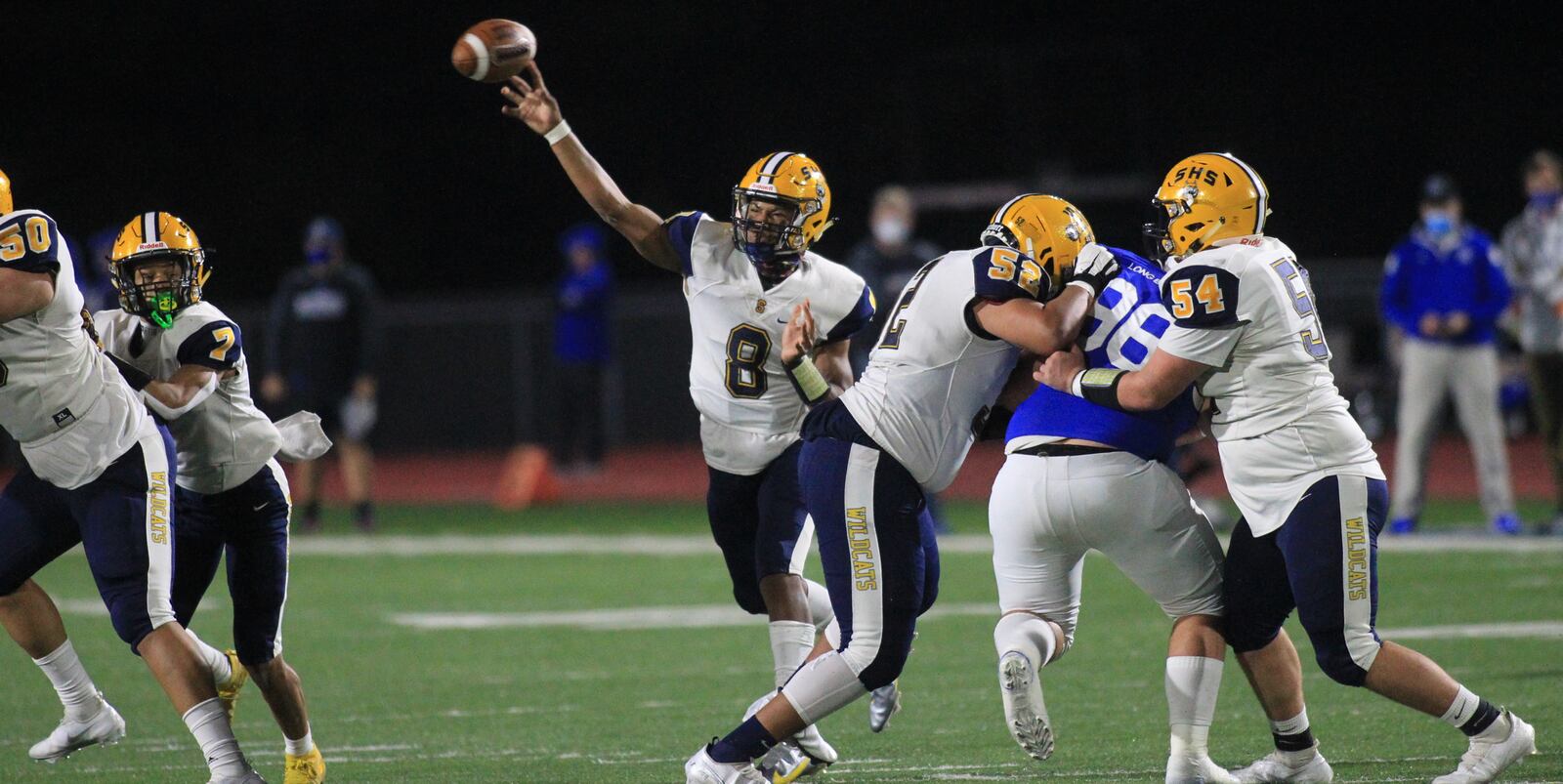 Springfield's Te'Sean Smoot throws a touchdown pass to Anthony Brown in the first half against St. Xavier in a Division I state semifinal on Friday, Nov. 6, 2020, at Alexander Stadium in Piqua. David Jablonski/Staff