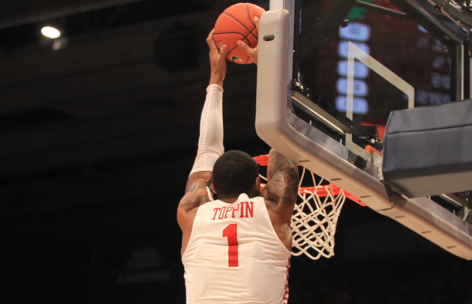 Dayton’s Obi Toppin dunks against North Texas on Tuesday, Dec. 17, 2019, at UD Arena.