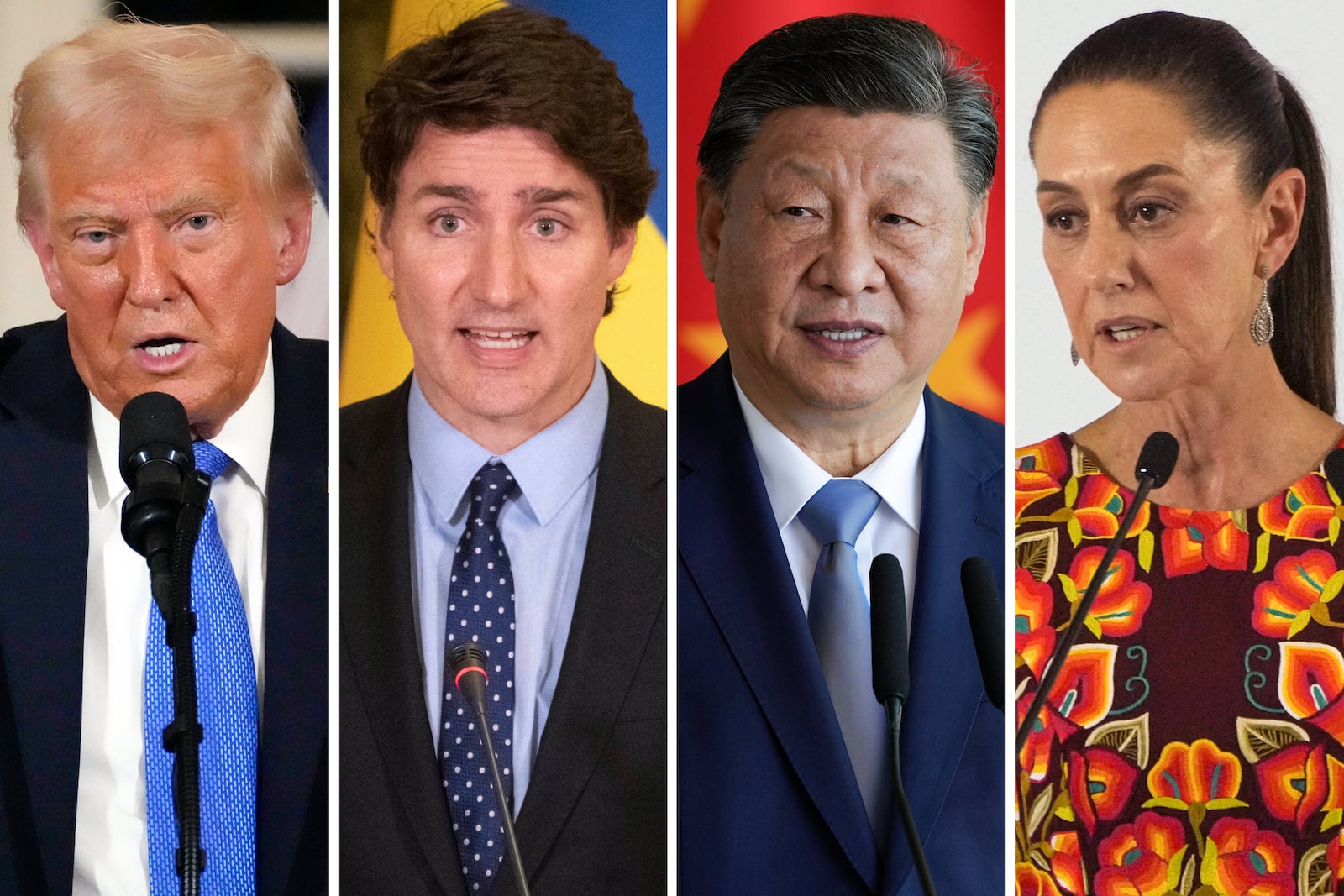 This combination of file photos shows, from left, U.S. President Donald Trump in Palm Beach, Fla., Feb. 7, 2025, Canadian Prime Minister Justin Trudeau in Kyiv, Ukraine, June 10, 2023, China's President Xi Jinping in Brasilia, Brazil, Nov. 20, 2024, and Mexico's President in Mexico City, June 27, 2024. Claudia Sheinbaum (AP Photo)