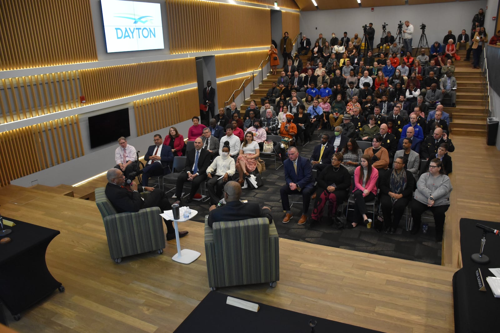 Dayton Mayor Jeffrey Mims Jr. answered questions from journalist Ray Marcano during the 2024 State of the City held Wednesday, Feb. 14, 2024, at the Dayton Metro Library. More than 100 people attended the talk. CORNELIUS FROLIK / STAFF