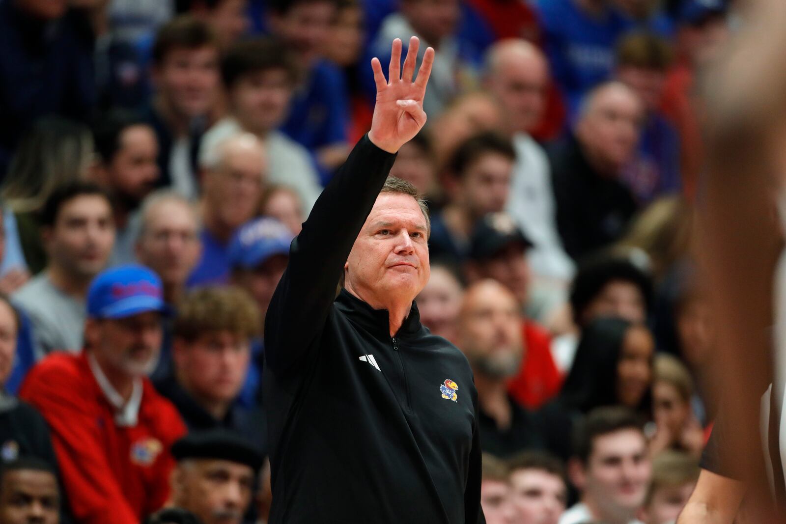 Kansas head coach Bill Self calls a play during the first half of an NCAA college basketball game against Houston, Saturday, Jan. 25, 2025, in Lawrence, Kan. (AP Photo/Colin E. Braley)