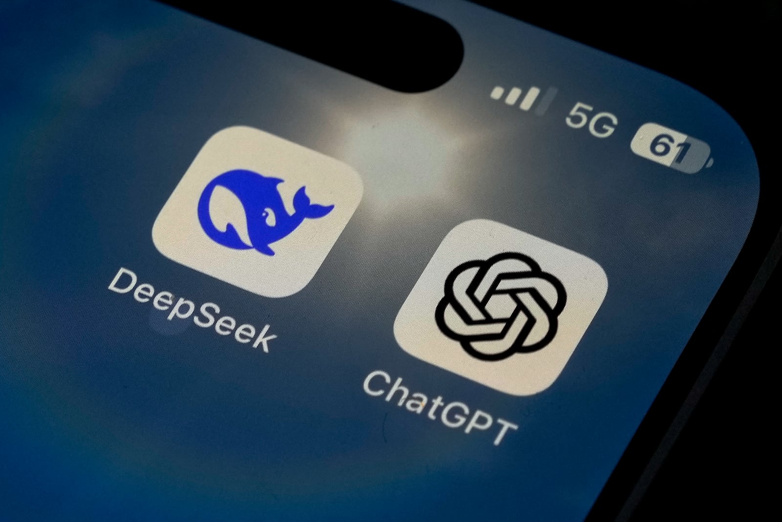 The Icons for the smartphone apps DeepSeek and ChatGPT are seen on a smartphone screen in Beijing, Tuesday, Jan. 28, 2025. (AP Photo/Andy Wong)