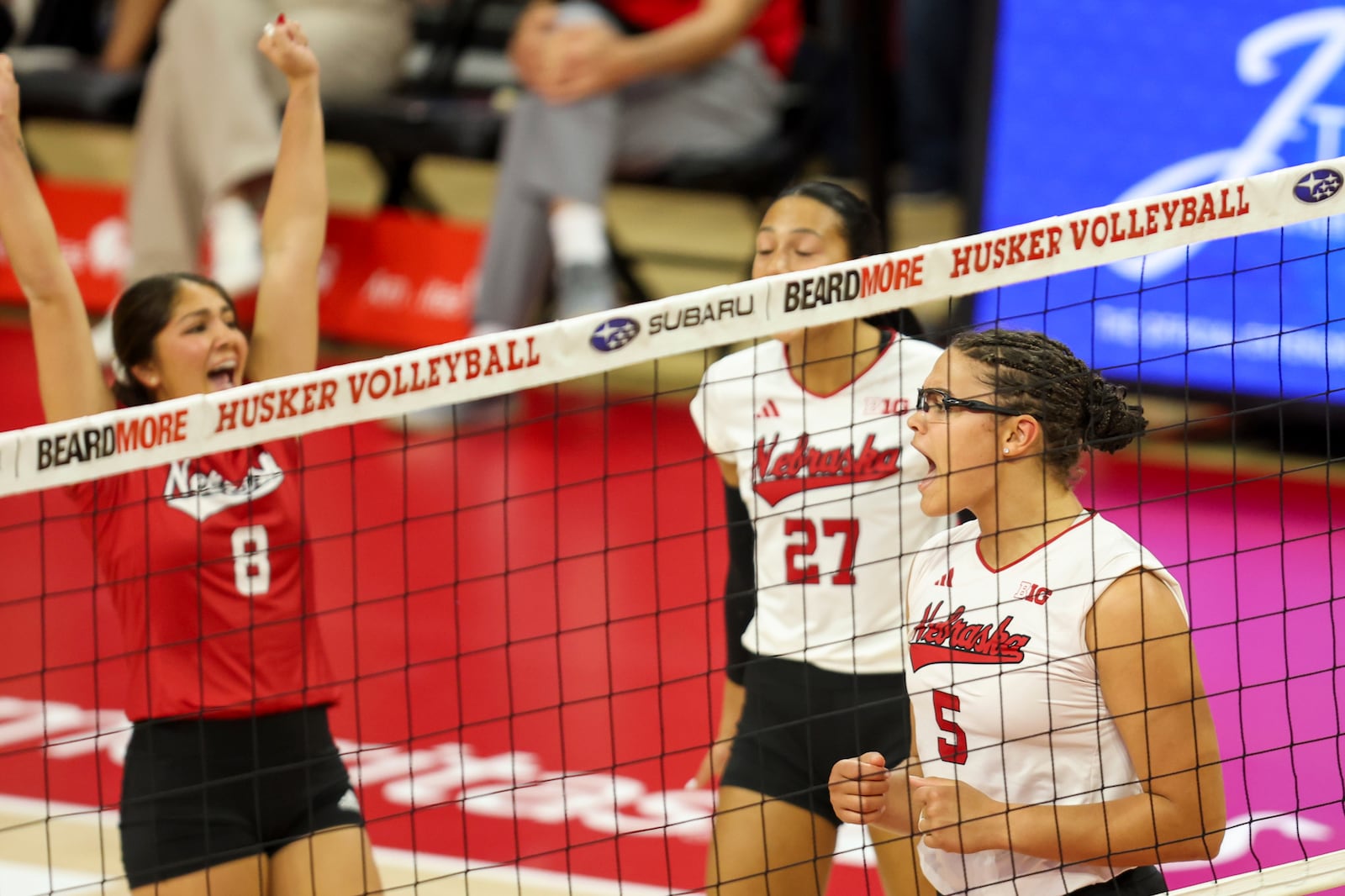 FILE - Nebraska's Rebekah Allick (5) celebrates a kill against Iowa during the first set of a college volleyball match, Sunday, Oct. 6, 2024, at the Devaney Center in Lincoln, Neb. (Nikos Frazier/Omaha World-Herald via AP, File)