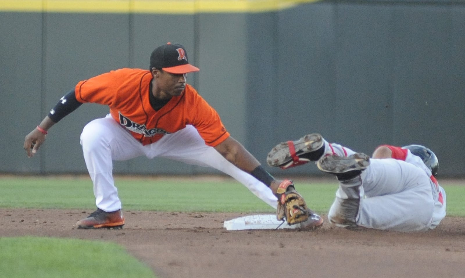 Dragons shortstop Jeter Downs makes a tag at second. Dayton defeated visiting Fort Wayne 8-6 at Fifth Third Field on Friday, July 27, 2018. MARC PENDLETON / STAFF