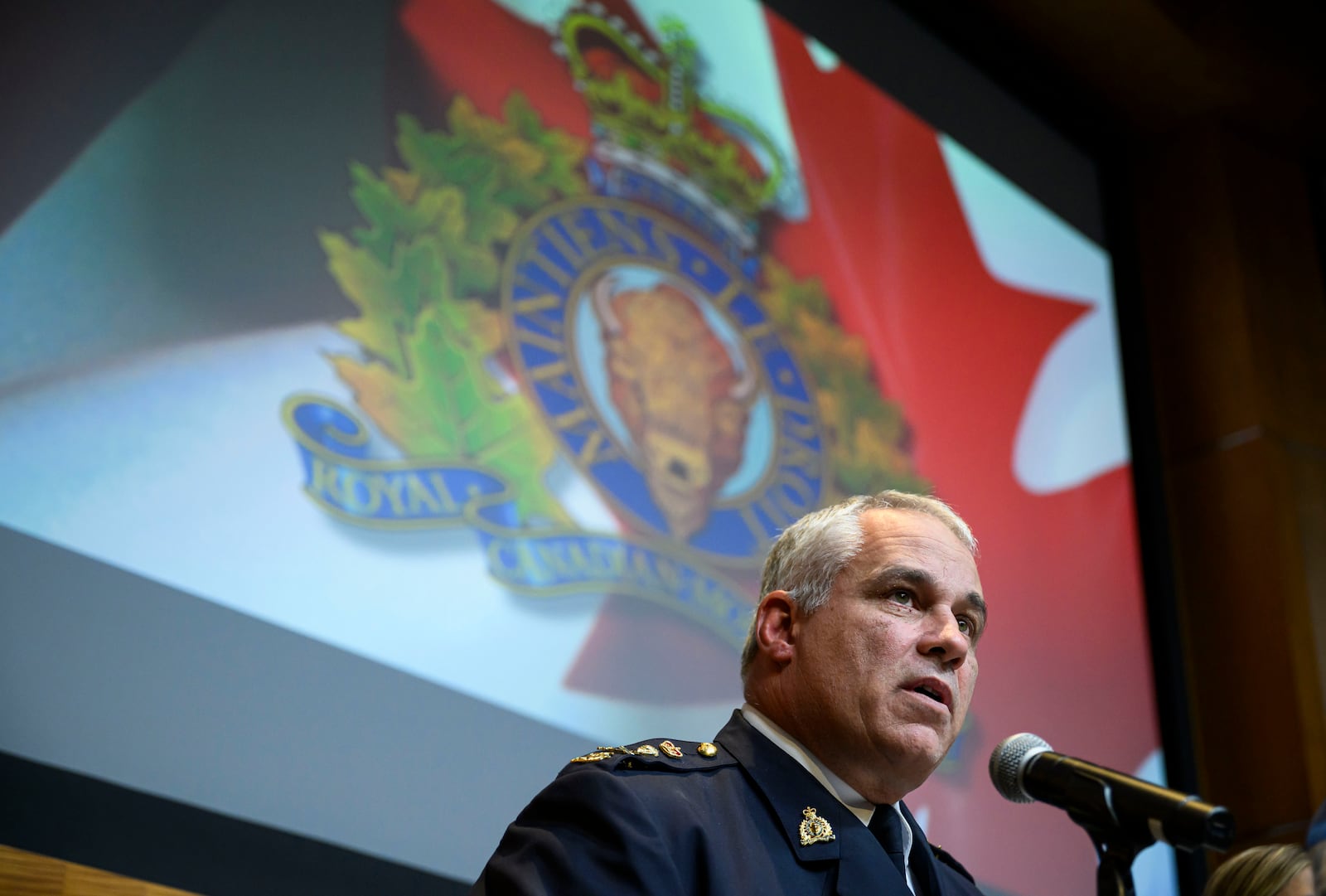 RCMP Commissioner Mike Duheme speaks during a news conference at RCMP National Headquarters in Ottawa, Ontaio, Monday, Oct. 14, 2024. (Justin Tang/The Canadian Press via AP)