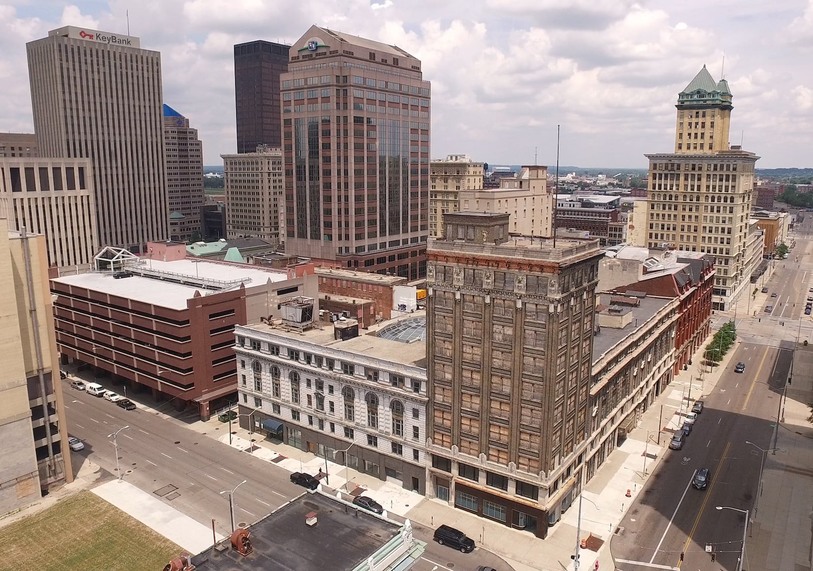 Drone view of the Dayton Arcade Fourth Street buildings at the corner of Fourth and Ludlow.    TY GREENLEES / STAFF