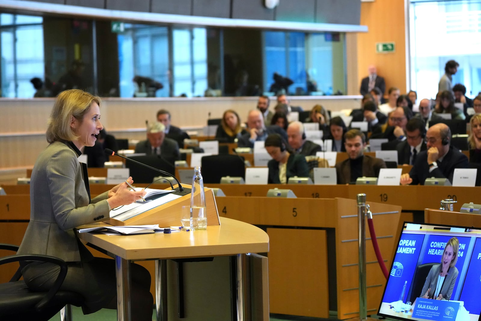 Estonia's Kaja Kallas, nominee for European Union High Representative and Vice-President for Foreign Affairs and Security Policy, speaks during her hearing at the European Parliament in Brussels on Tuesday, Nov. 12, 2024. (AP Photo/Virginia Mayo)