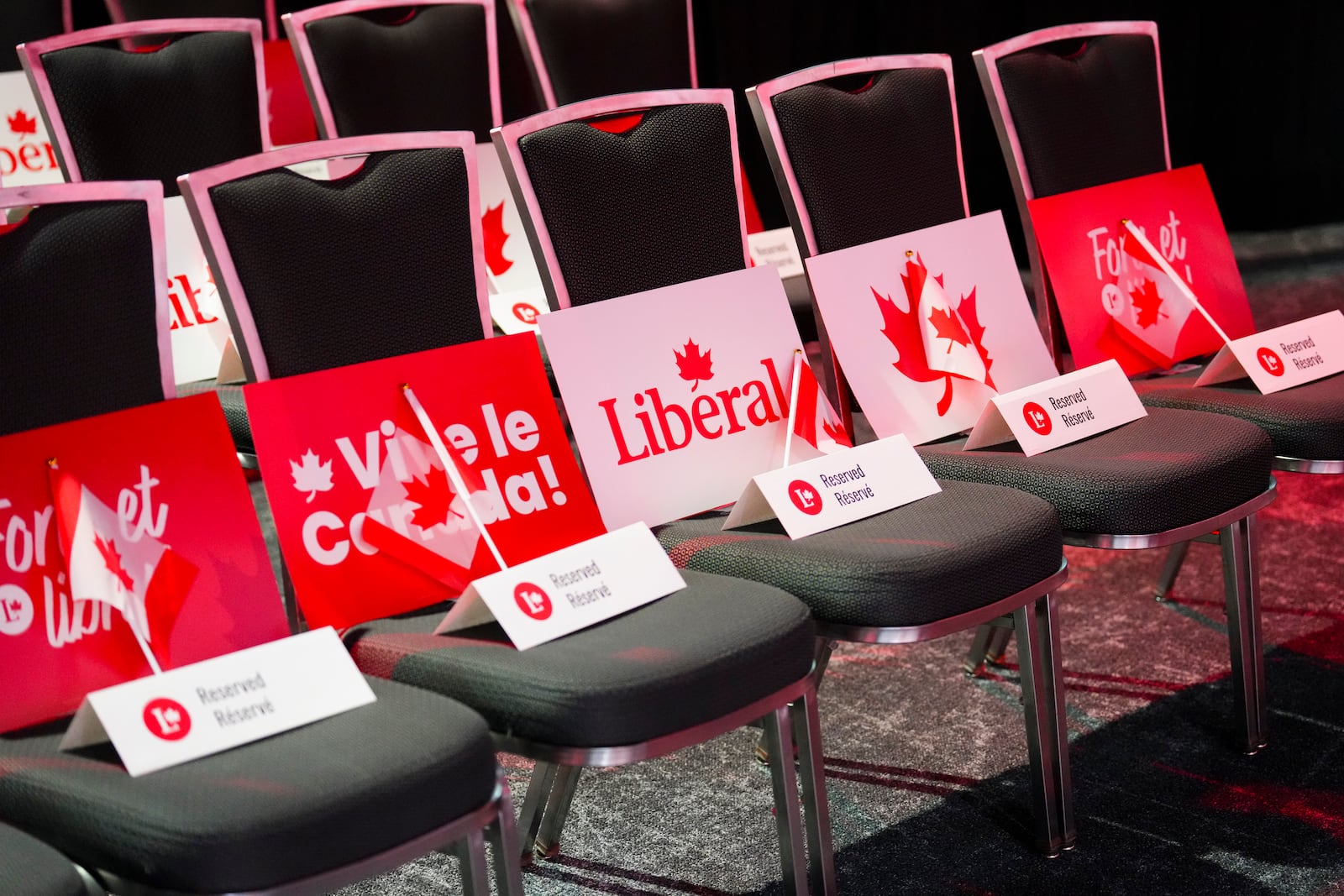 Final preparations are made for the Liberal leadership announcement in Ottawa on Sunday, March 9, 2025. (Sean Kilpatrick/The Canadian Press via AP)