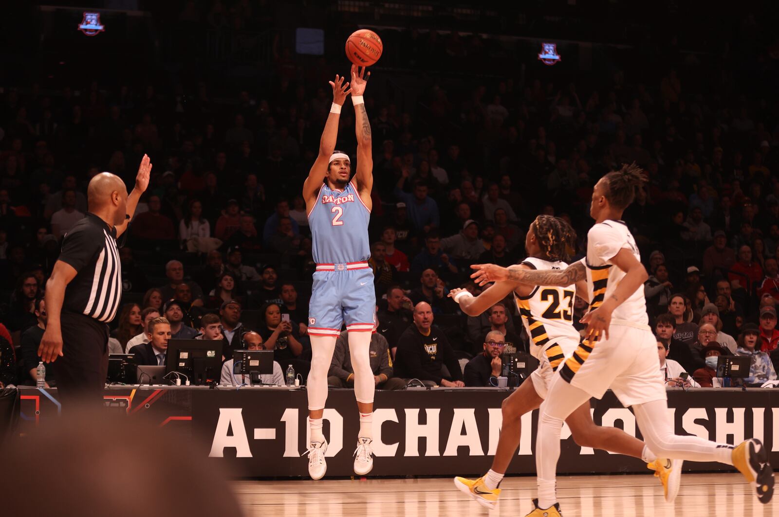 Dayton's Toumani Camara shoots against Virginia Commonwealth in the Atlantic 10 Conference championship game on Saturday, March 12, 2023, at the Barclays Center in Brooklyn, N.Y. David Jablonski/Staff