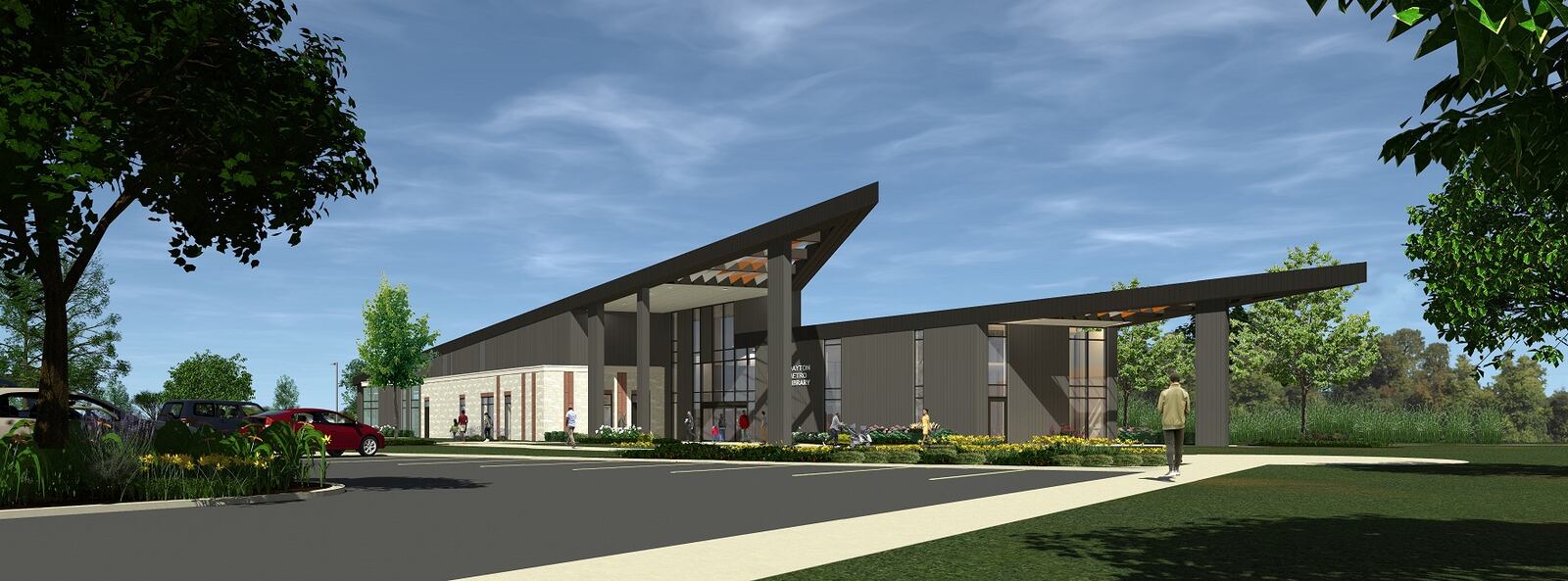 An architect's rendering shows the exterior of Dayton Metro Library's new West Branch. LWC INC.