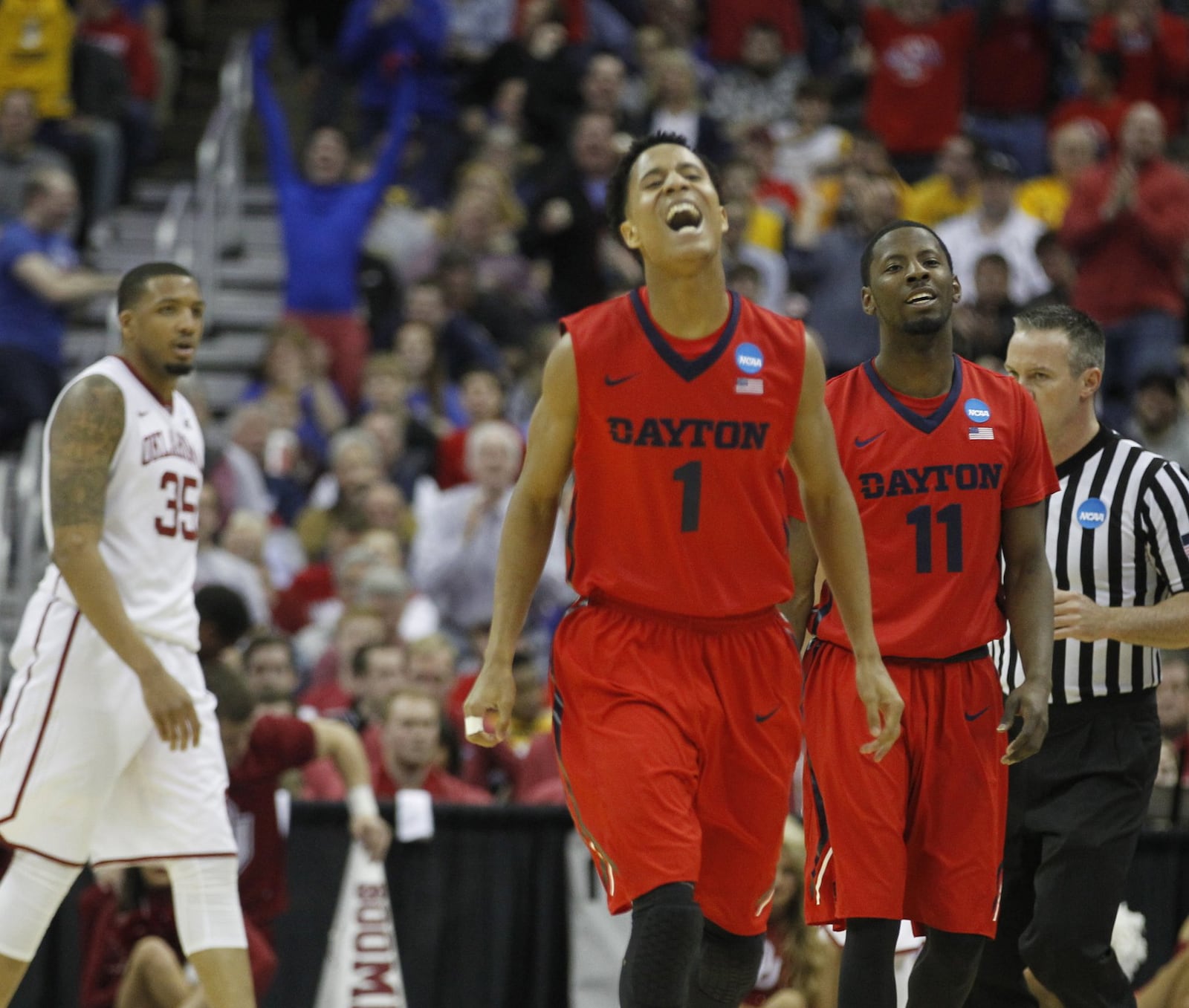 Dayton’s Darrell Davis reacts after a 3-pointer in the second half against Oklahoma in the third round of the NCAA tournament on Sunday, March 22, 2015, at Nationwide Arena in Columbus. David Jablonski/Staff