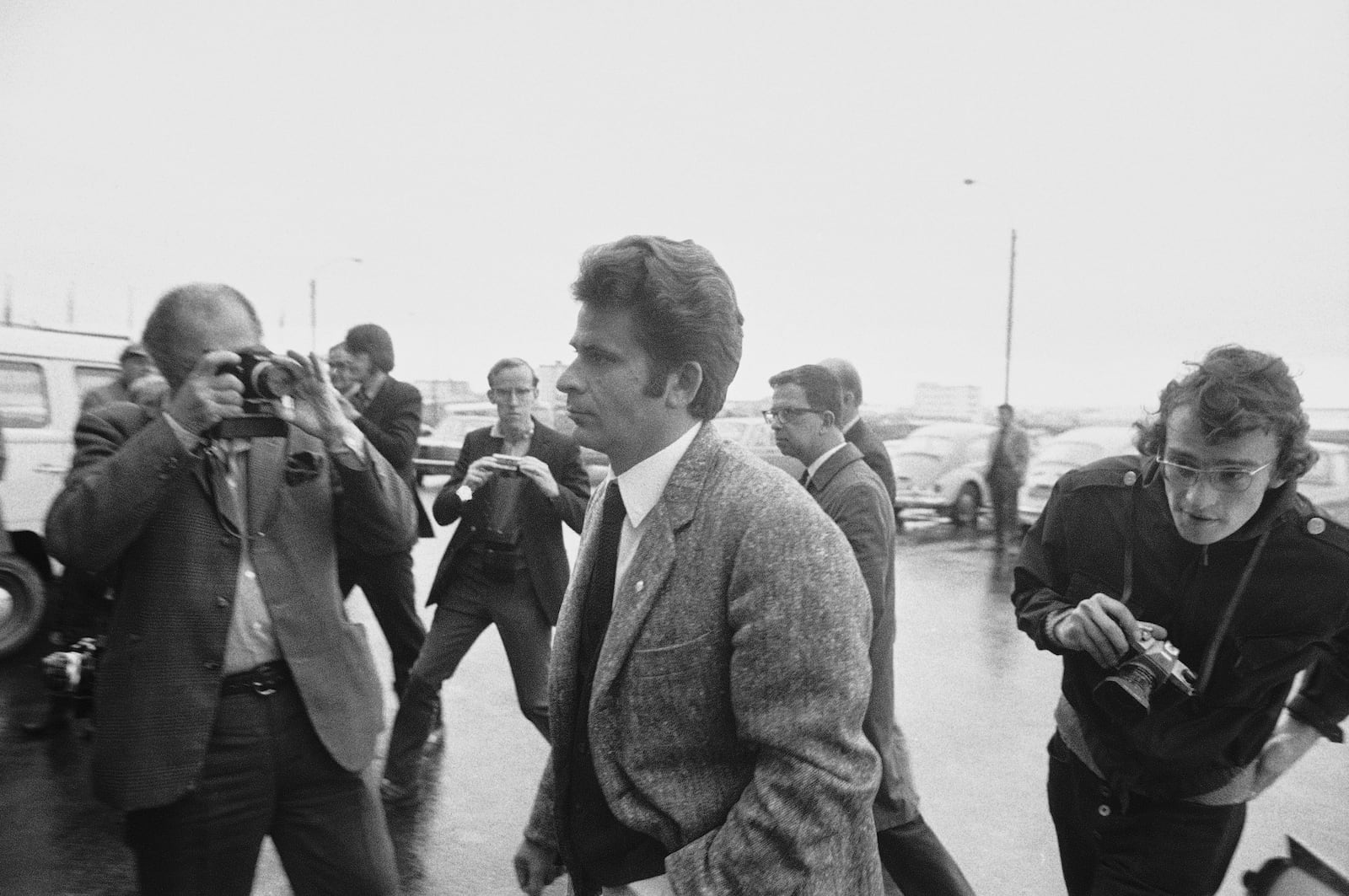 FILE - Russian world chess champion Boris Spassky, center, is followed by a member of the Soviet Delegation to the world chess championships in Reykjavik, Iceland on July 5, 1972, after they walked out of a meeting representatives of Bobby Fischer, Spassky's challenger from America. (AP Photo/File)