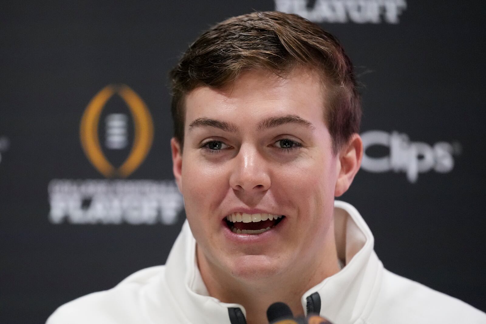 Ohio State quarterback Will Howard talks during media day ahead of the national championship NCAA College Football Playoff game between Ohio State and Notre Dame Saturday, Jan. 18, 2025, in Atlanta. The game will be played on Monday. (AP Photo/Brynn Anderson)