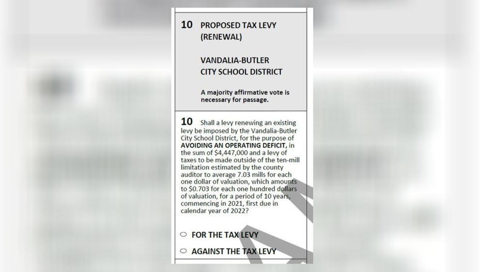 Ohio House Bill 140 seeks to change the ballot language for levies in the state. This is a sample ballot that shows how the ballot language currently is presented - this from a Vandalia-Butler school district property tax issue voters approved in 2020. FILE