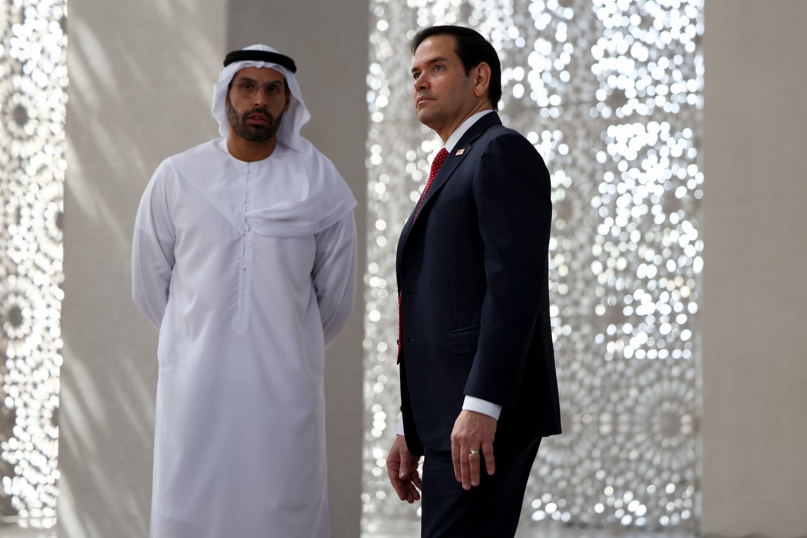 U.S. Secretary of State Marco Rubio, right, visits the Abrahamic Family House in Abu Dhabi, United Arab Emirates, Wednesday, Feb. 19, 2025. (Evelyn Hockstein/Pool Photo via AP)