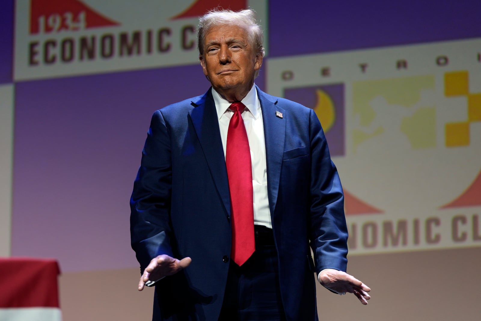 Republican presidential nominee former President Donald Trump arrives to speak at a meeting of the Detroit Economic Club, Thursday, Oct. 10, 2024, in Detroit. (AP Photo/Julia Demaree Nikhinson)