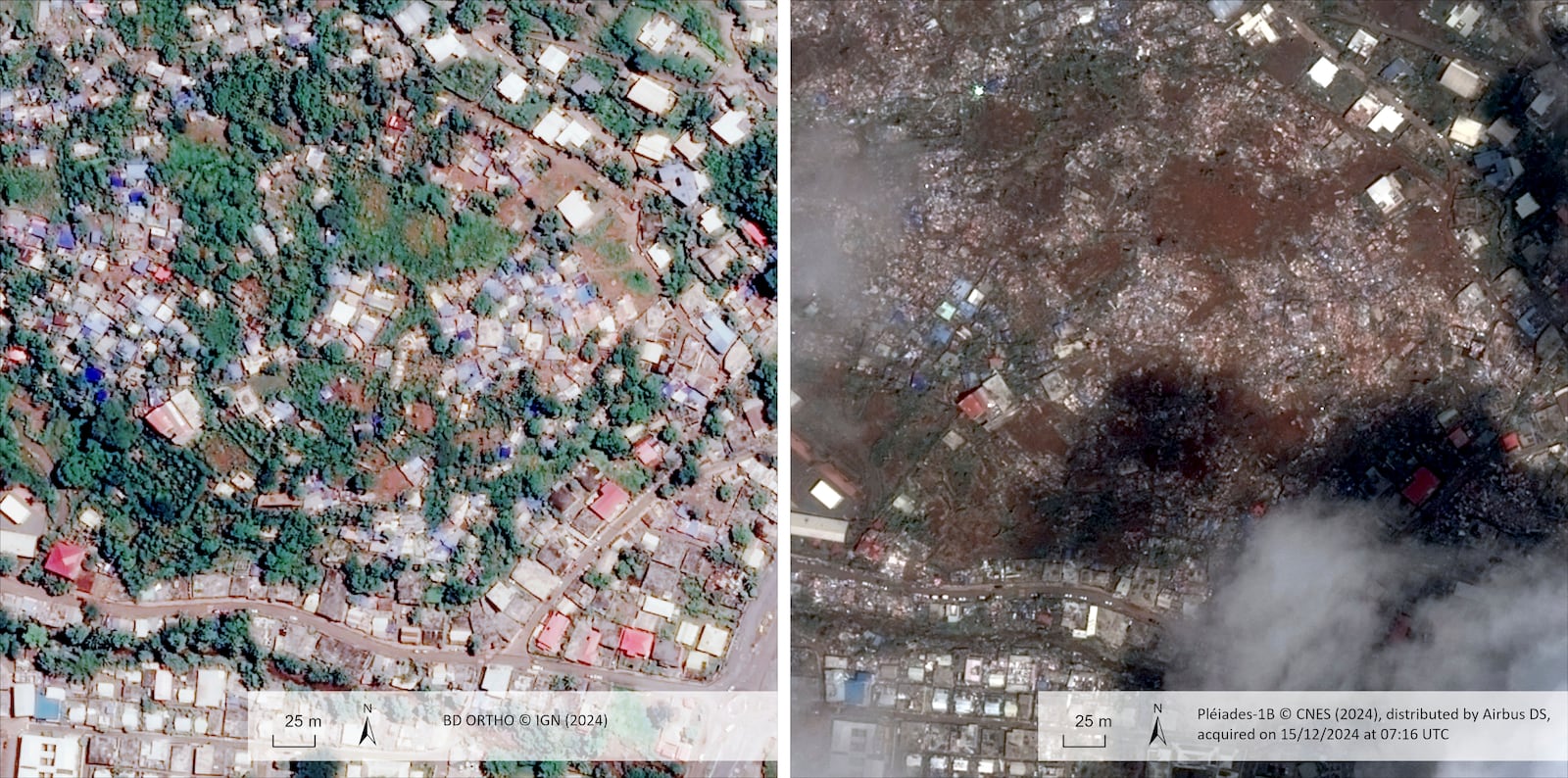 This undated satellite photo provided on Wednesday Dec. 18, 2024 by the Institut Geographique National (IGN), left, and the Centre National d'Etudes Spatiales (CNES) shows Doujani, before, left, and after the cyclone Chido in the Indian Ocean French territory of Mayotte. (IGN/CNES distributed by Airbus DS via AP)