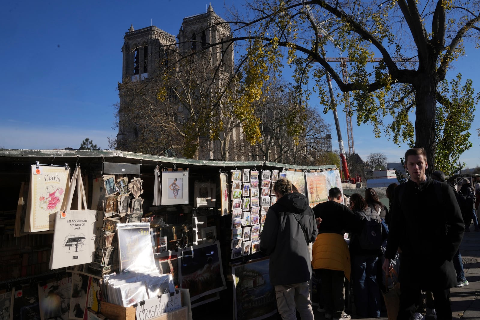 People stroll by book sellers in front of Notre-Dame cathedral, Thursday, Nov. 28, 2024 in Paris. (AP Photo/Michel Euler)