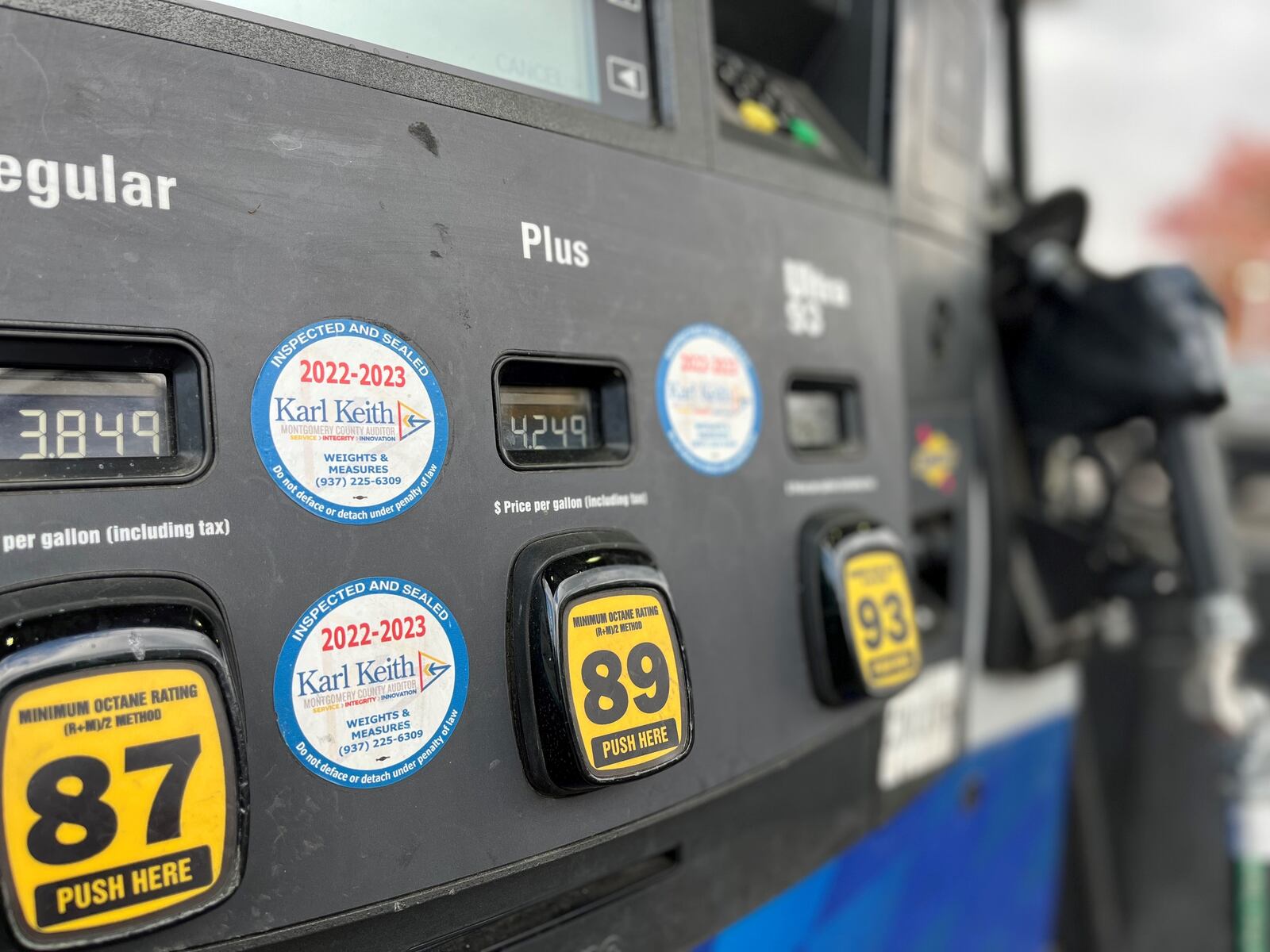 Montgomery County Auditor inspection stickers on gas pumps in Dayton. CORNELIUS FROLIK / STAFF