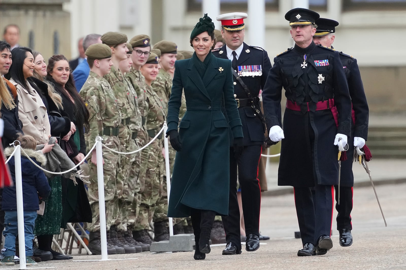 Britain's Kate, the Princess of Wales, arrives to join the Irish Guards, their veterans, families, serving soldiers, reservists, and young cadets from Northern Ireland, at a special St Patrick's Day parade and celebration at Wellington Barracks in London, Monday, March 17, 2025.(AP Photo/Kirsty Wigglesworth)