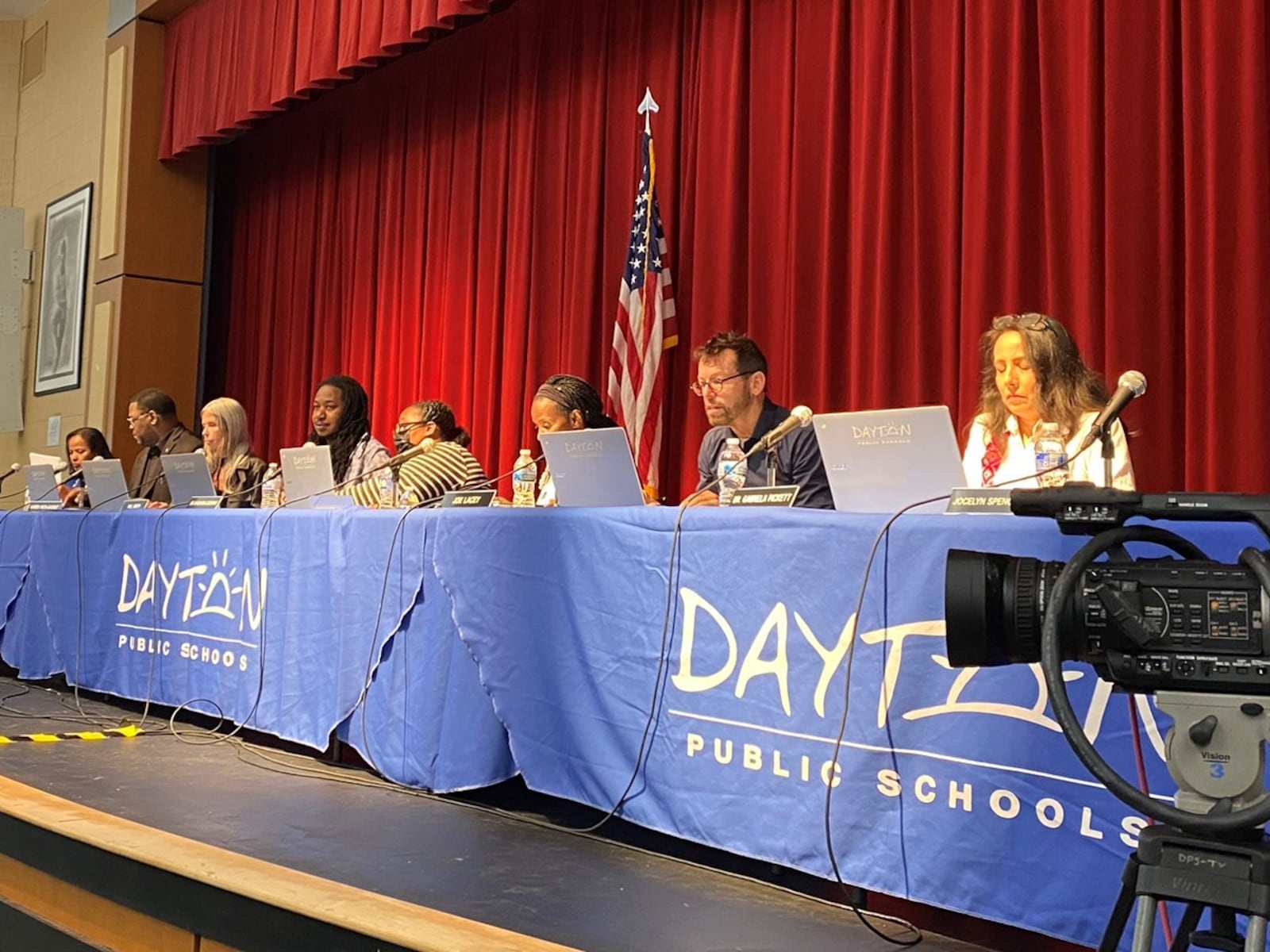 Members of the Dayton Public School Board meet on July 11 at Belmont High School. Eileen McClory / Staff