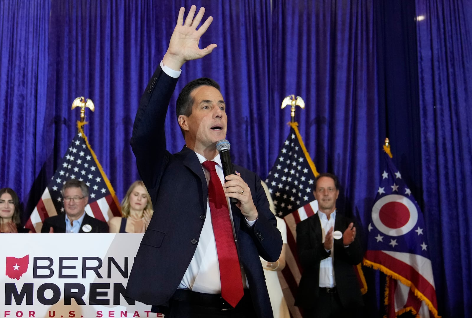 Ohio Republican Senate candidate Bernie Moreno speaks during a watch party on election night, Tuesday, Nov. 5, 2024, in Westlake, Ohio. (AP Photo/Sue Ogrocki)