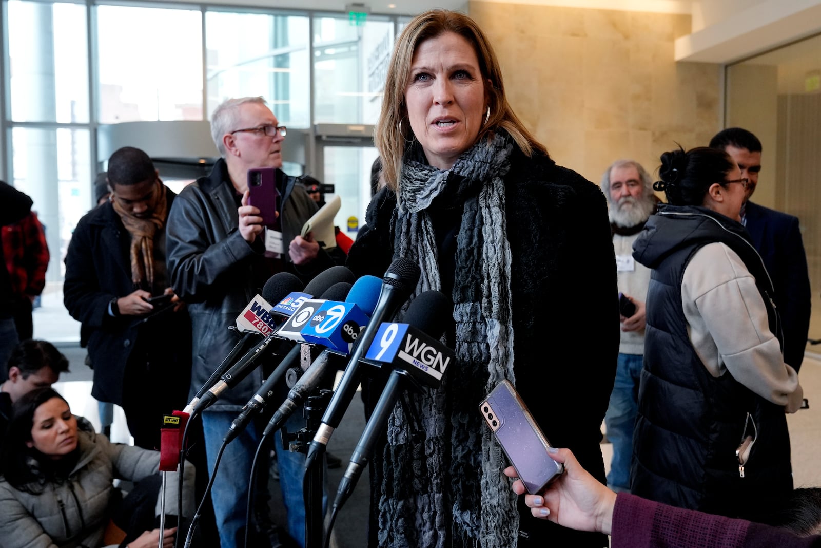 Jennifer Beasley, Romanucci & Blandin as Chief Communications Officer, talks to media after Robert E. Crimo III pleaded guilty to the Highland Park parade shooting at the Lake County Courthouse in Waukegan, Ill., Monday, March 3, 2025. (AP Photo/Nam Y. Huh, Pool)