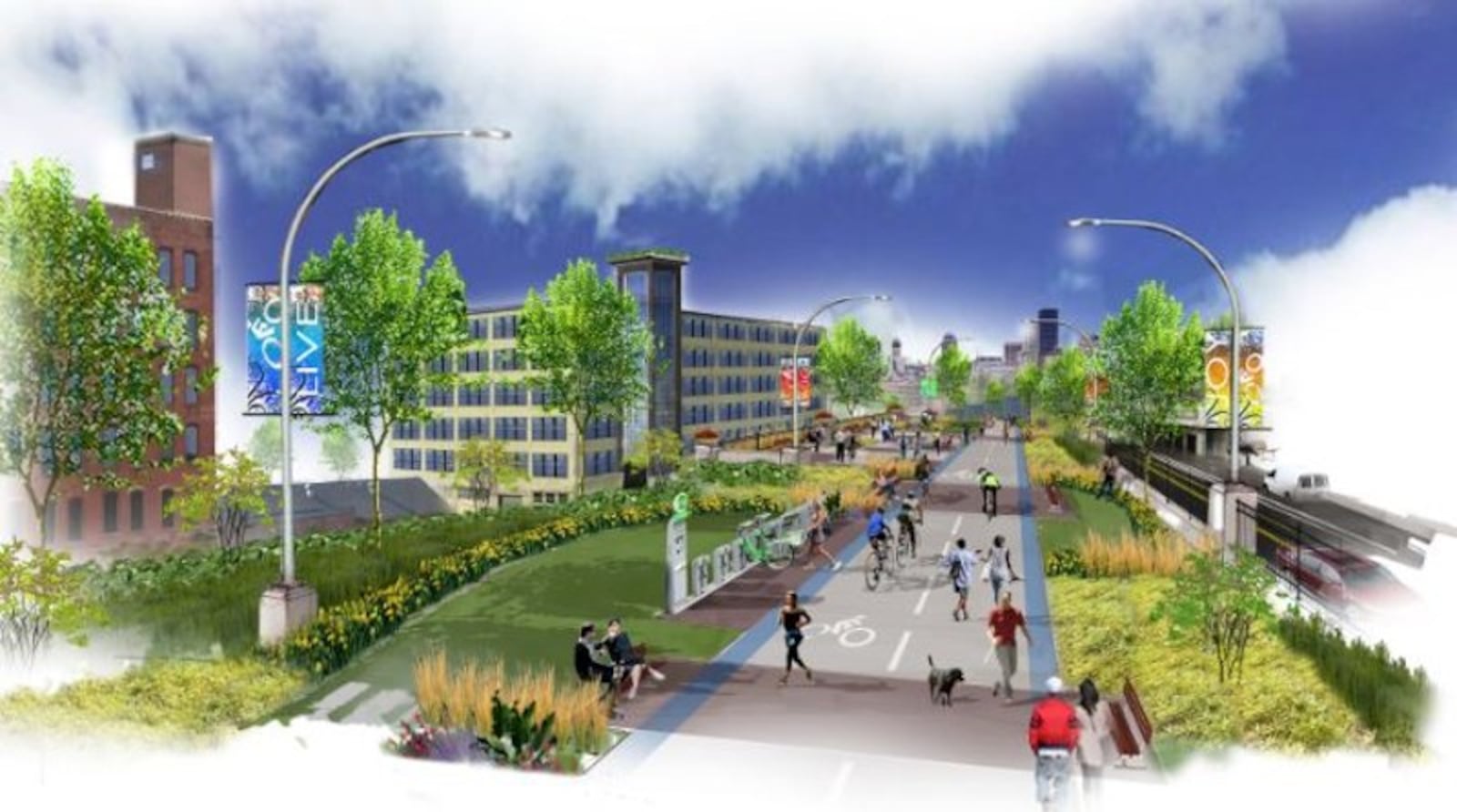 An artist rendering or what Dayton’s elevated recreation trail could look like. CONTRIBUTED