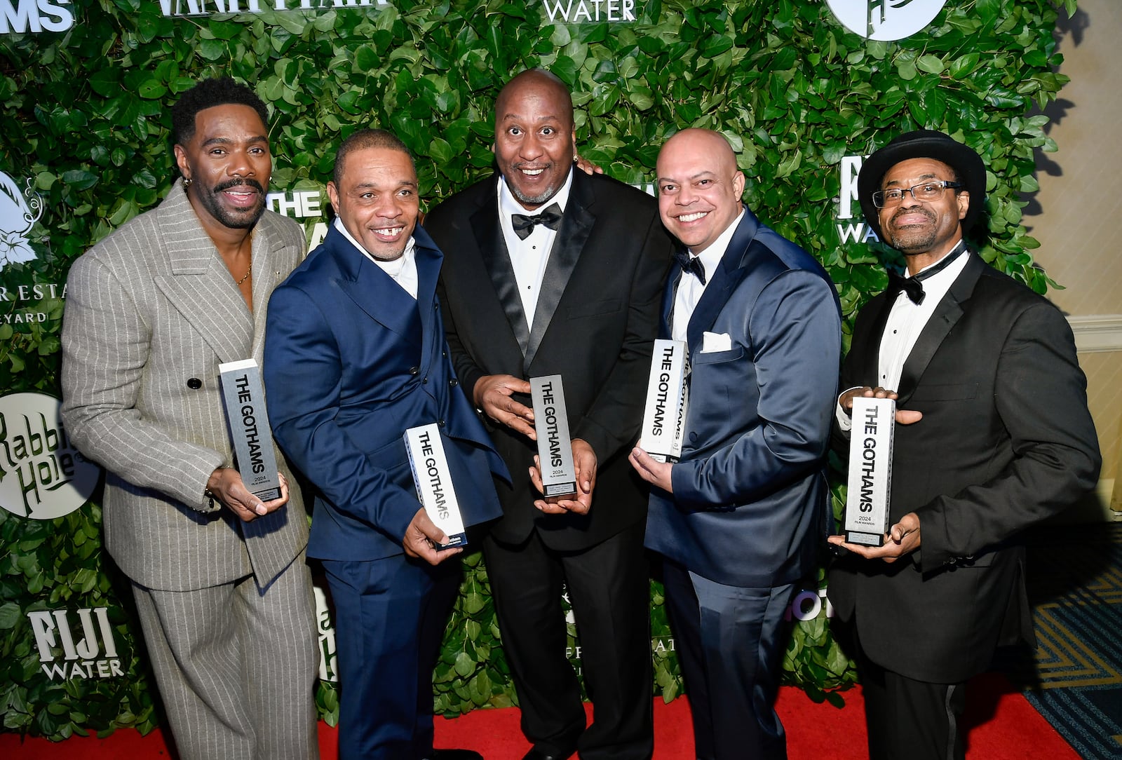 Colman Domingo, from left, Clarence Maclin, Sean "Dino" Johnson, Jon-Adrian "JJ" Velazquez and John "Divine G" Whitfield pose with the social justice tribute award for "Sing Sing" during The Gothams Film Awards at Cipriani Wall Street on Monday, Dec. 2, 2024, in New York. (Photo by Evan Agostini/Invision/AP)