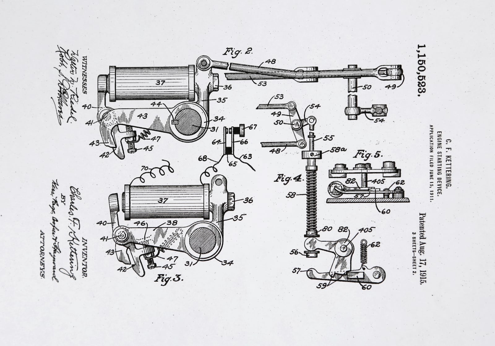 This is the second of three pages of patent drawings that accompanied Charles F. Kettering's application for an "engine starting device.