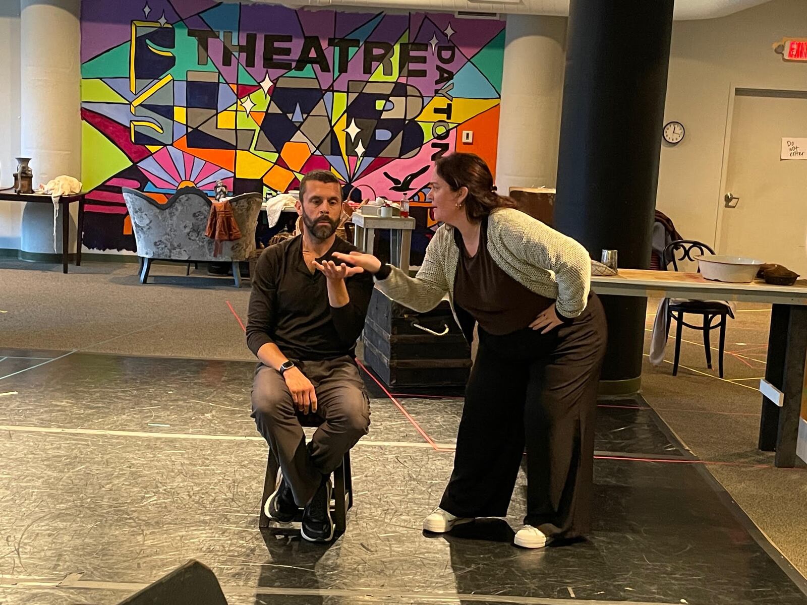 John Moore (Sweeney Todd) and Ann Toomey (Mrs. Lovett) rehearse "A Little Priest" in the Dayton Opera's production of "Sweeney Todd: The Demon Barber of Fleet Street." PHOTO BY DIANE SCHOEFFLER-WARREN