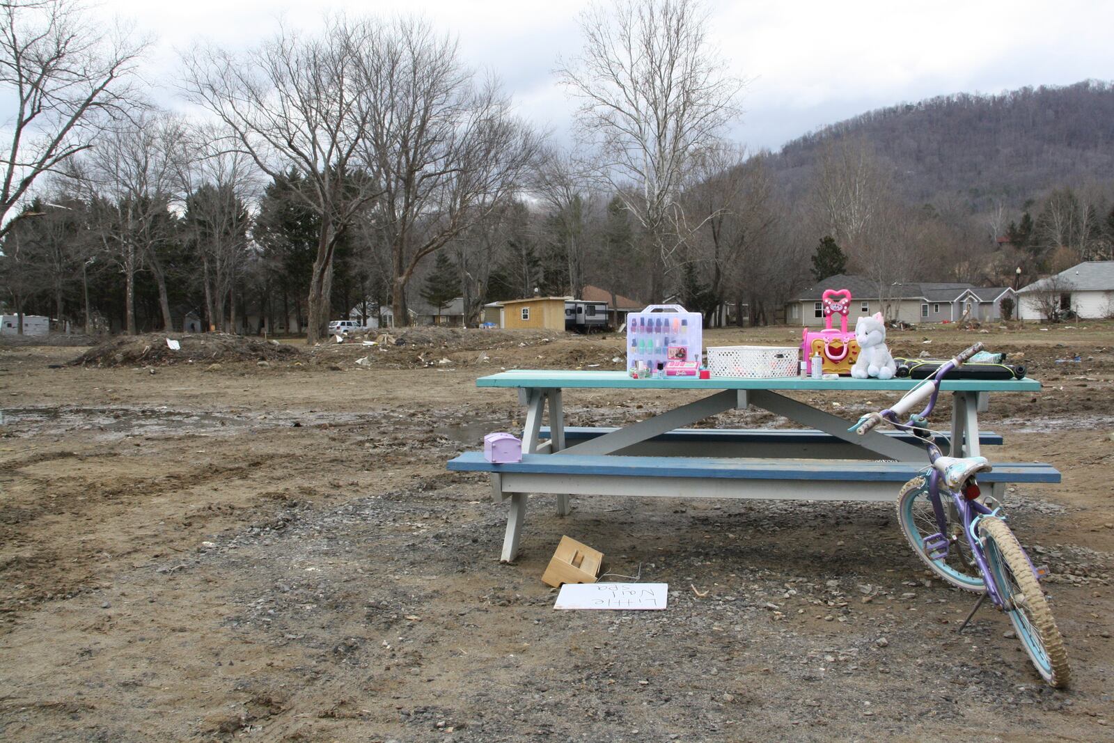 Toys sit atop a picnic table on the side of Emily Russell's home in Swannanoa, N.C., on Thursday, Feb. 6, 2025. (AP Photo/Makiya Seminera)