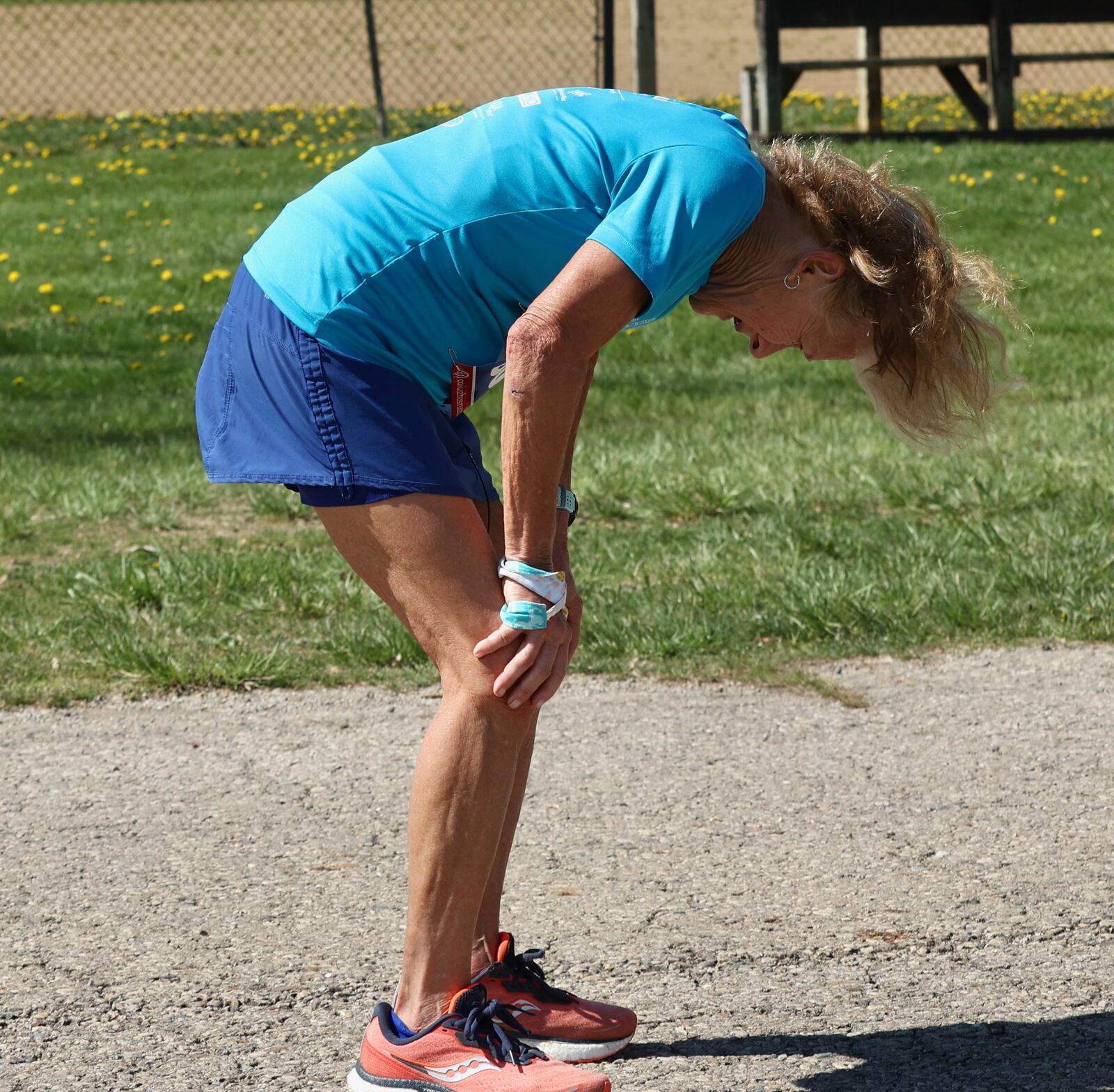 Mary Jablonski reacts after finishing the London Marathon on April 15, 2023, in London, Ohio. David Jablonski/Staff