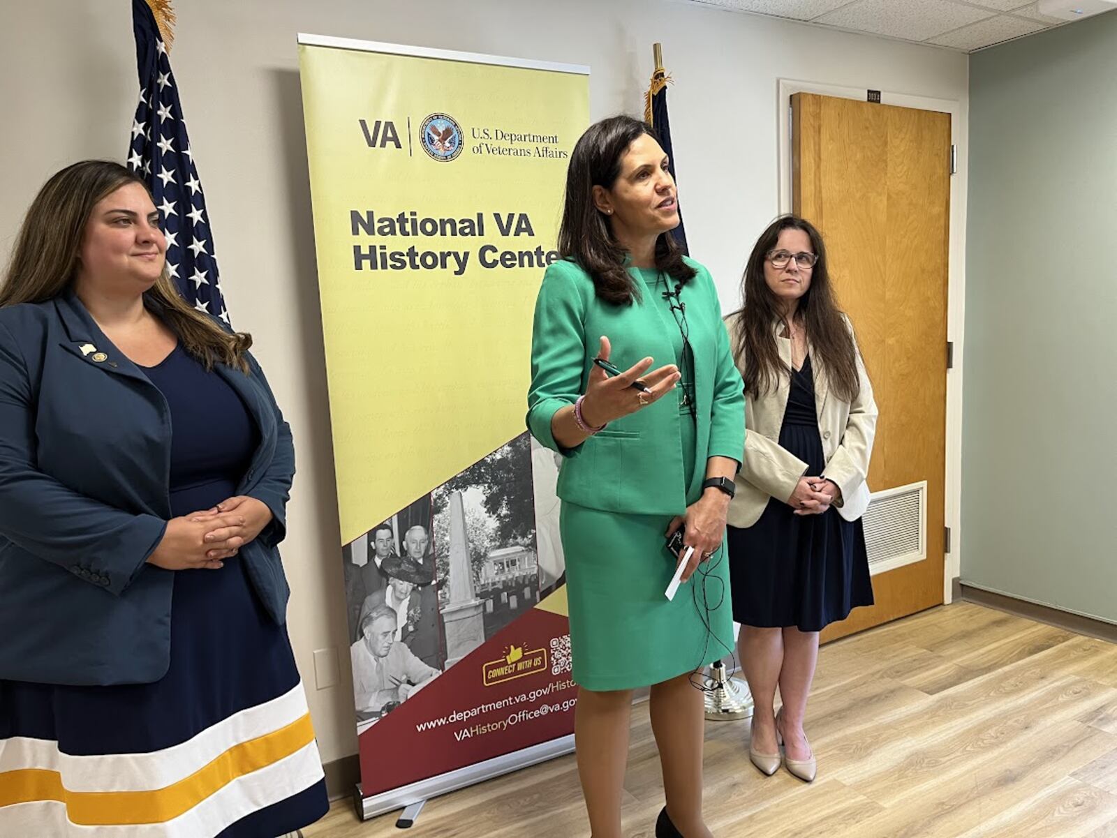 Tanya Bradsher, VA deputy secretary, center, with Jennifer DeFrancesco, Dayton VA Medical Center director, (on Bradsher's right), and Beth Lumia, deputy network director for the VA's VISN Ten region. THOMAS GNAU/STAFF