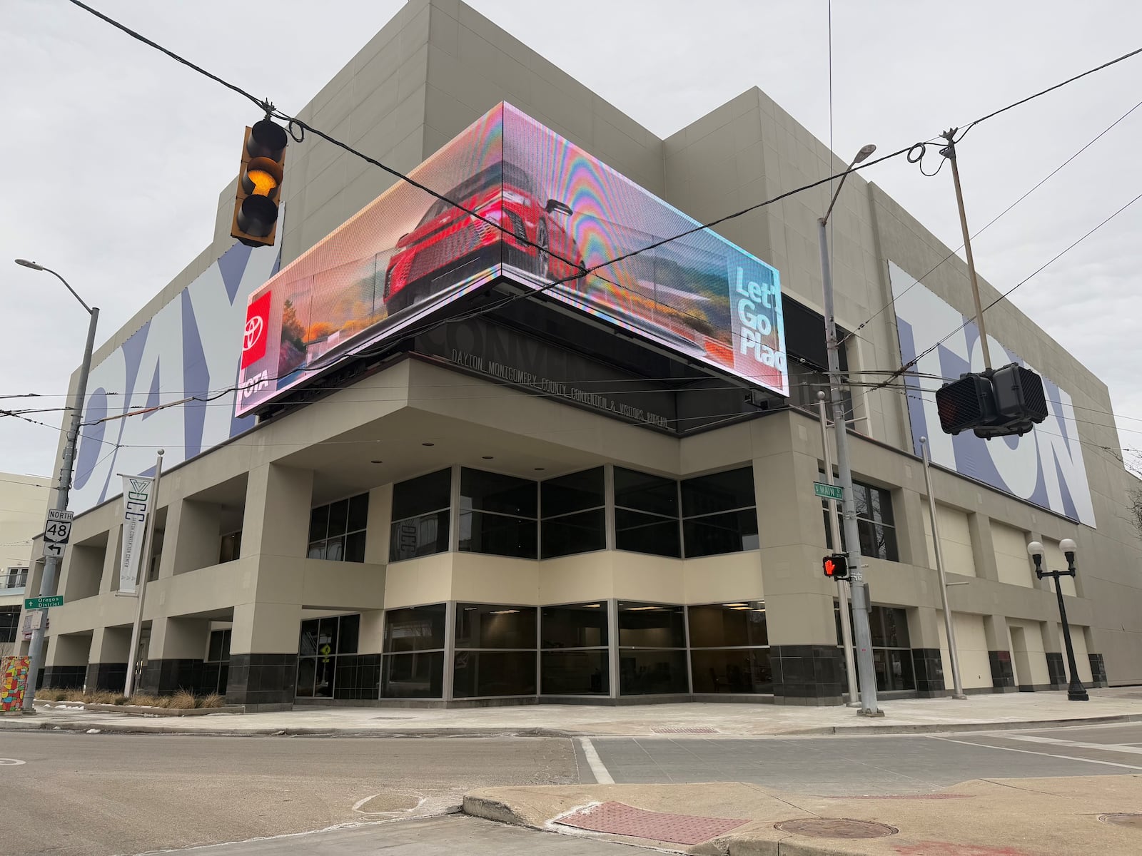 A new digital marquee has been installed on the Dayton Convention Center at Third and Main streets in downtown Dayton. About $45 million worth of renovations to the facility are nearly complete. CORNELIUS FROLIK / STAFF