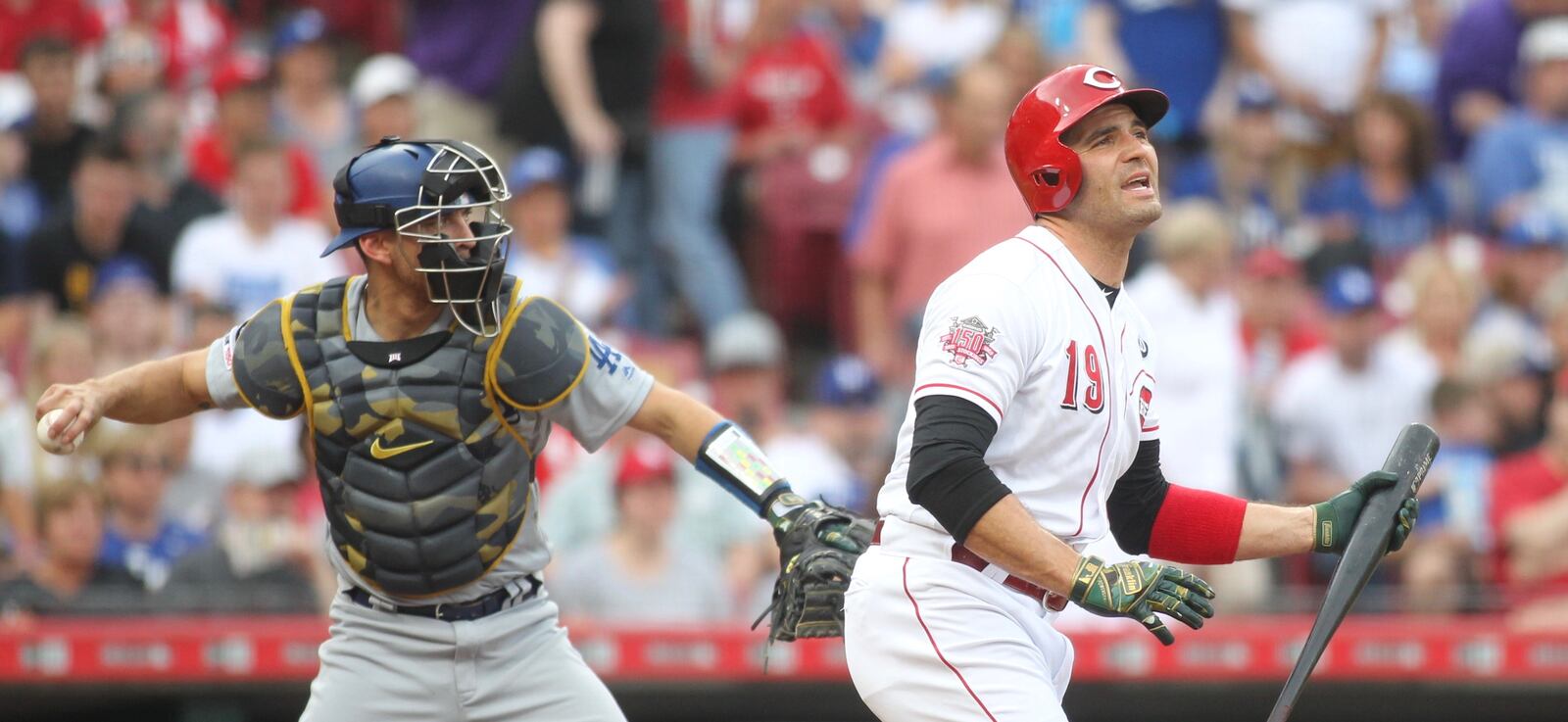 The Reds’ Joey Votto reacts after striking out against the Dodgers on Friday, May 17, 2019, at Great American Ball Park in Cincinnati. David Jablonski/Staff