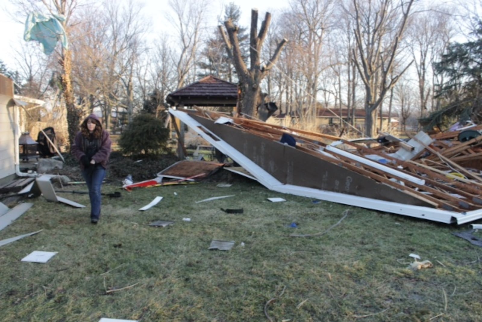 A detached garage was destroyed at a home in the 9900 block of Brookville-Phillipsburg.