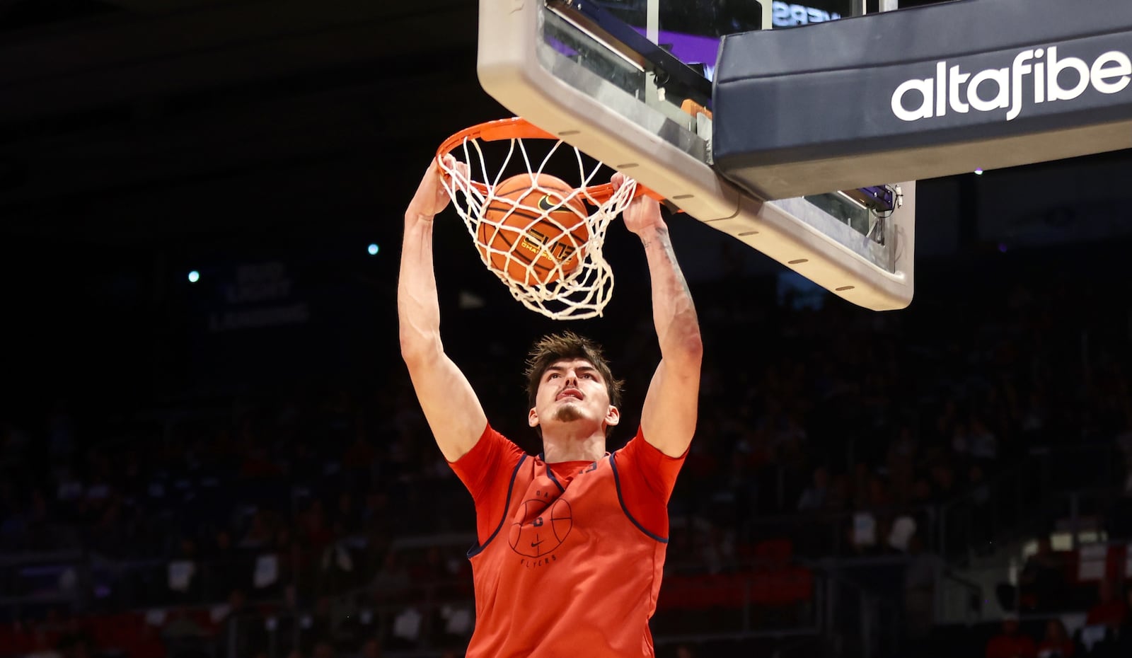 Dayton's Isaac Jack dunks against Xavier in an exhibition game on Sunday, Oct. 20, 2024, at UD Arena. David Jablonski/Staff